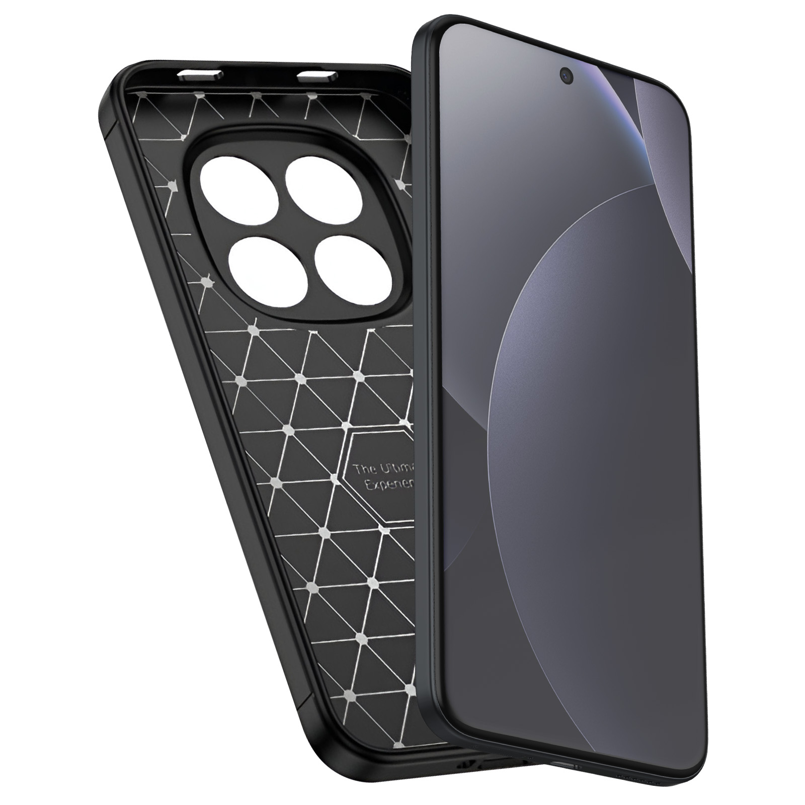 Zwarte telefoonhoes met zeshoekig patroon en vier cameralenzen.