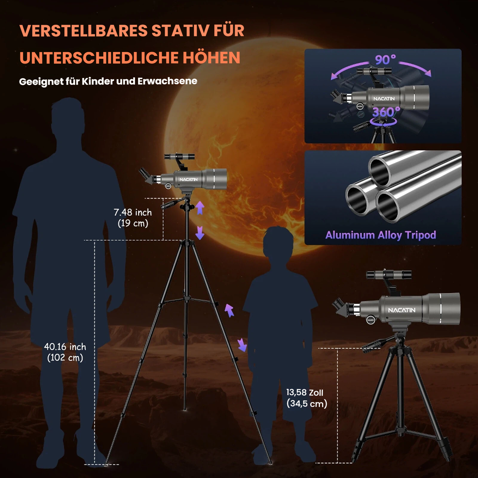 Ein Teleskop auf einem verstellbaren Stativ, daneben Silhouetten von Kindern und Erwachsenen.