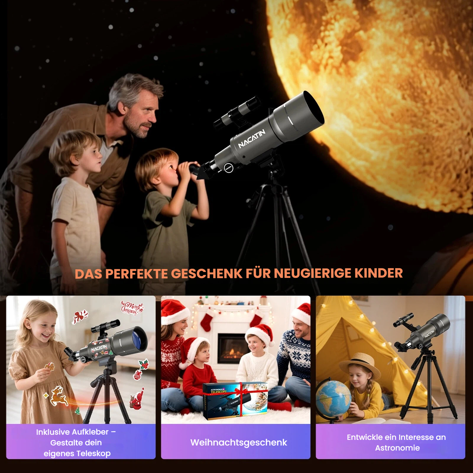 Familie beobachtet mit Teleskop den Mond. Mehrere Szenen zeigen Kinder mit Teleskopen.