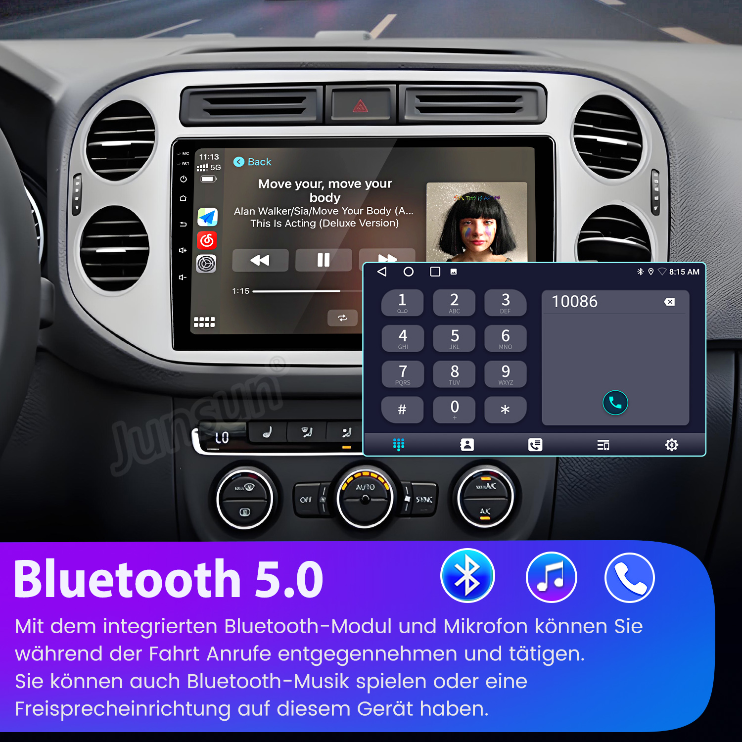 Autoradio-Touchscreen zeigt Musik-Player, Tastatur und Bluetooth-Info an.