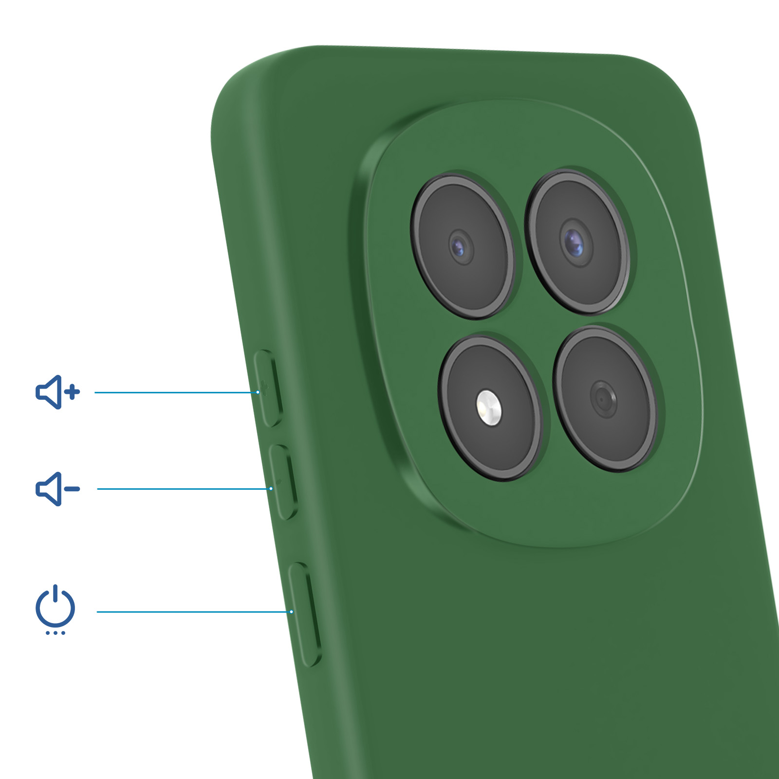Retro di uno smartphone verde con quattro fotocamere e tasti volume.