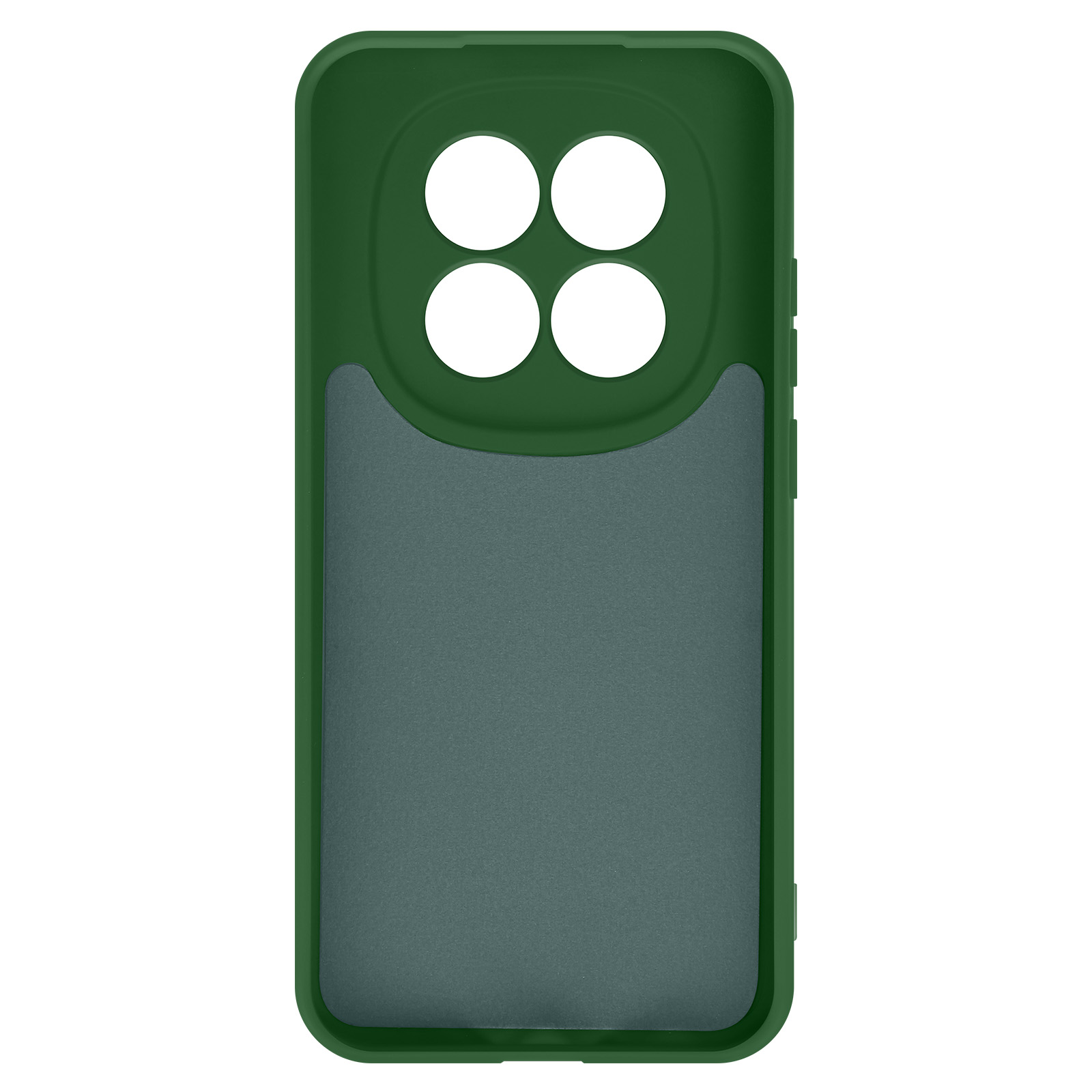 Custodia verde scuro con quattro ritagli circolari per fotocamera e retro opaco.
