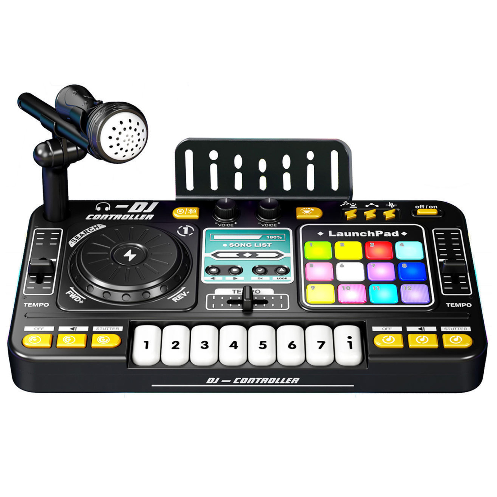 Ein schwarzer DJ-Controller mit Mikrofon, beleuchteten Pads und Tasten.