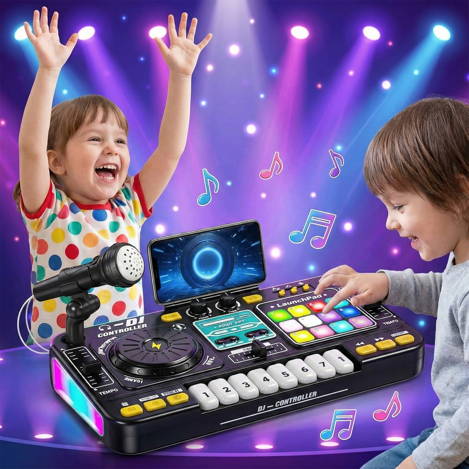 Zwei Kinder spielen mit einem DJ-Controller, der mit Lichtern und Noten verziert ist.
