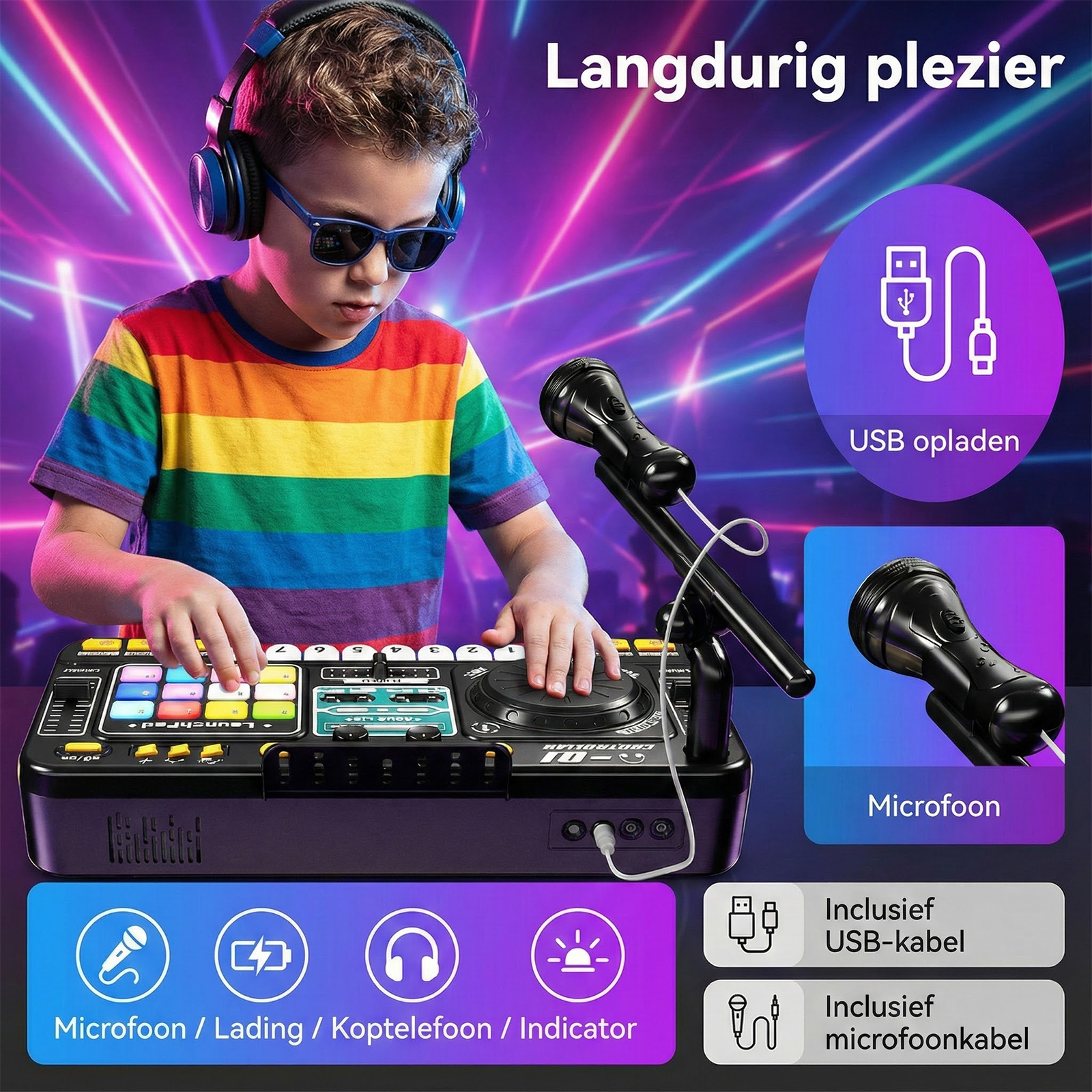 Junge mit Kopfhörern spielt DJ-Set mit Mikrofon und Lichtern.