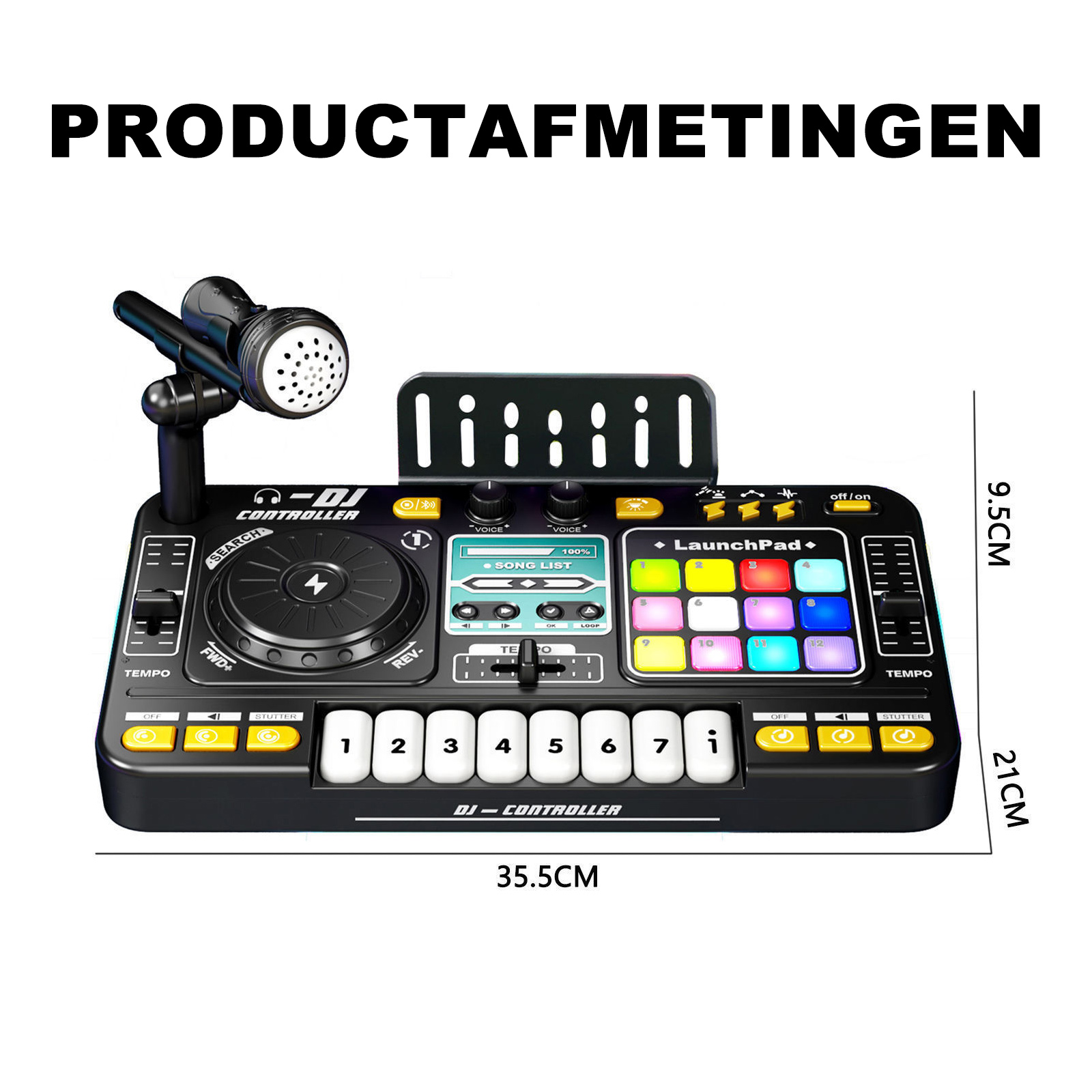 Ein schwarzer DJ-Controller mit Mikrofon, beleuchteten Pads und Tasten.
