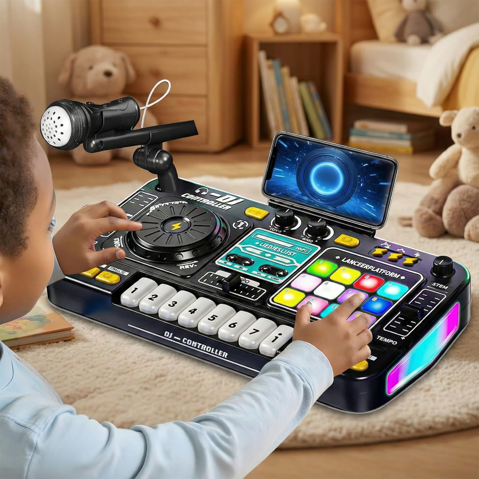 Ein Kind spielt auf einem DJ-Controller mit Mikrofon und Smartphone.