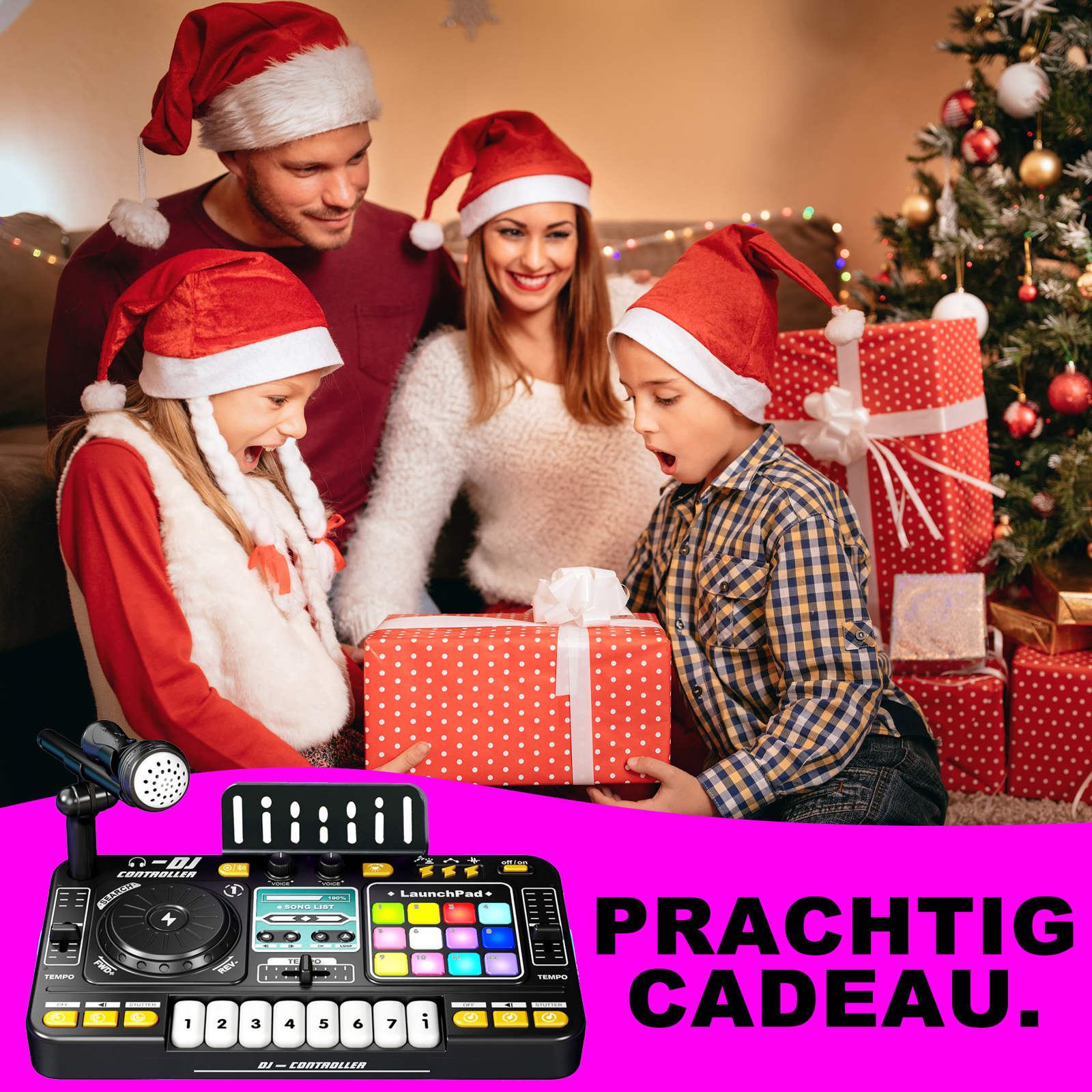 Familie öffnet Weihnachtsgeschenke. Ein DJ-Controller liegt im Vordergrund.