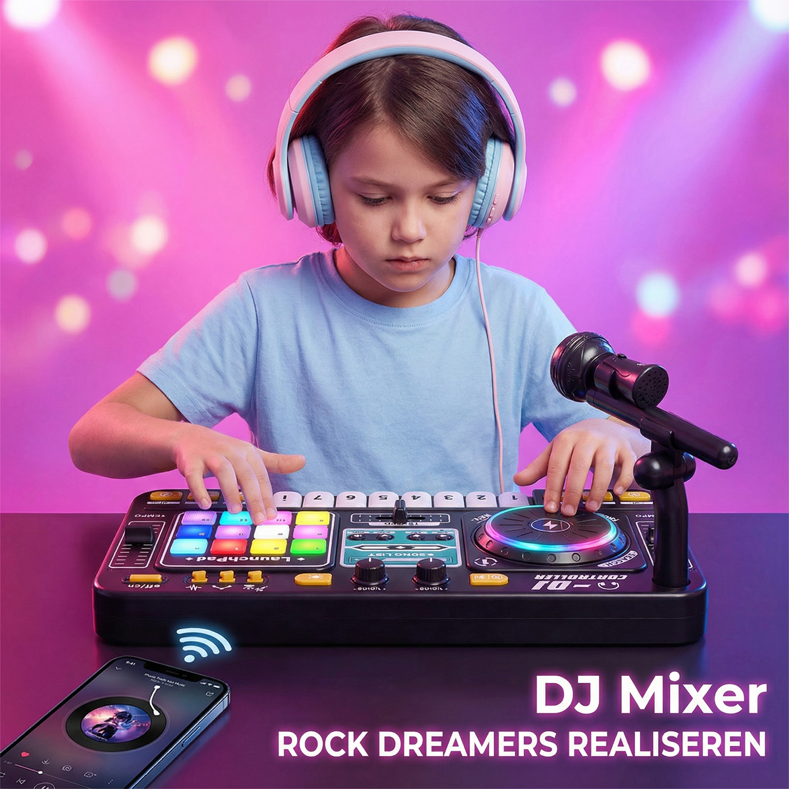 Ein Kind mit Kopfhörern spielt an einem DJ-Mischpult mit Mikrofon und Handy.