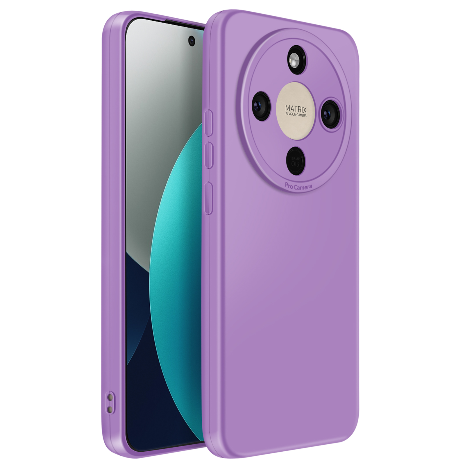 Een paarse smartphone met een ronde cameramodule aan de achterkant.