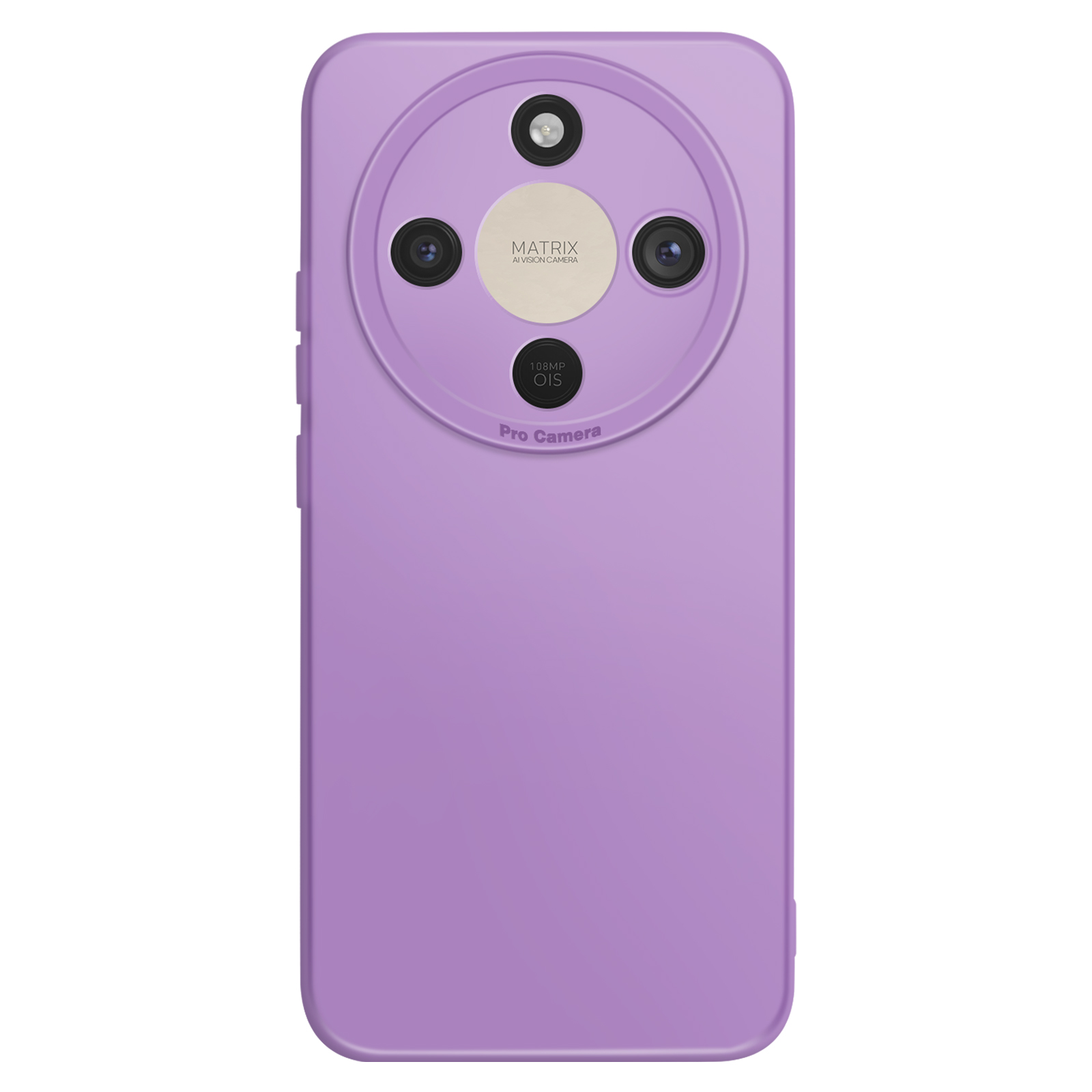 Paarse telefoonachterkant met vier camera's in een cirkel.