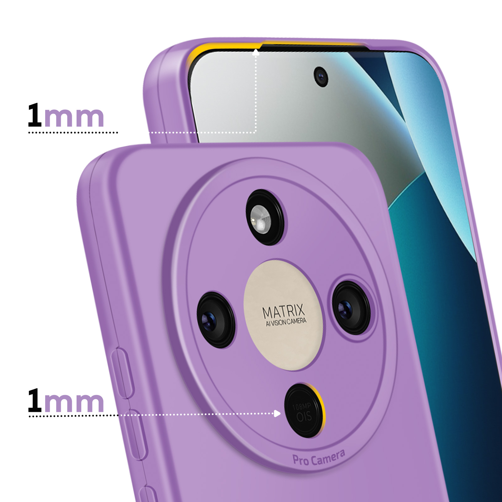 Paarse telefoonhoes met 1mm verhoogde rand, close-up van de camera.