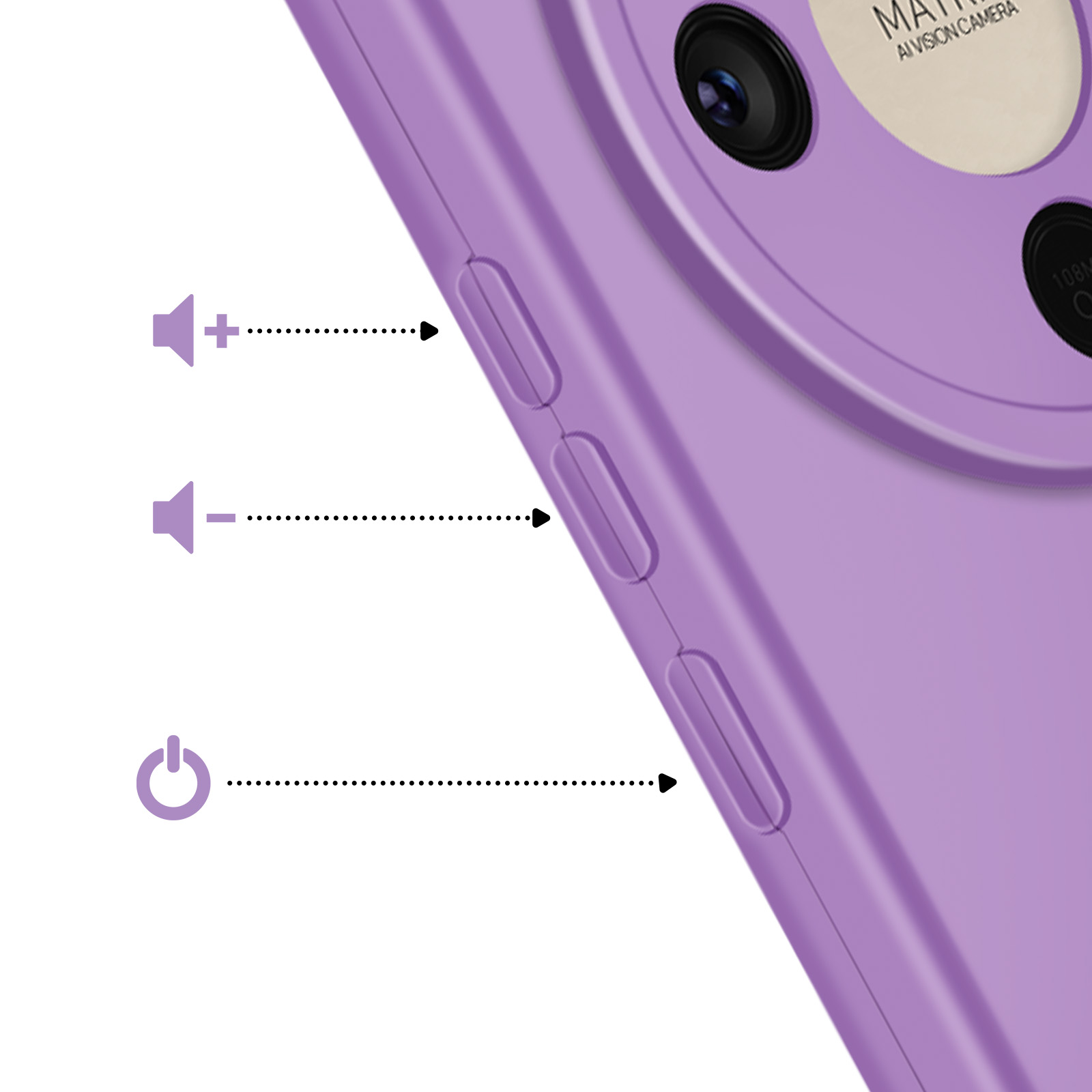 Paarse telefoonhoes met volume- en aan/uit-knoppen.