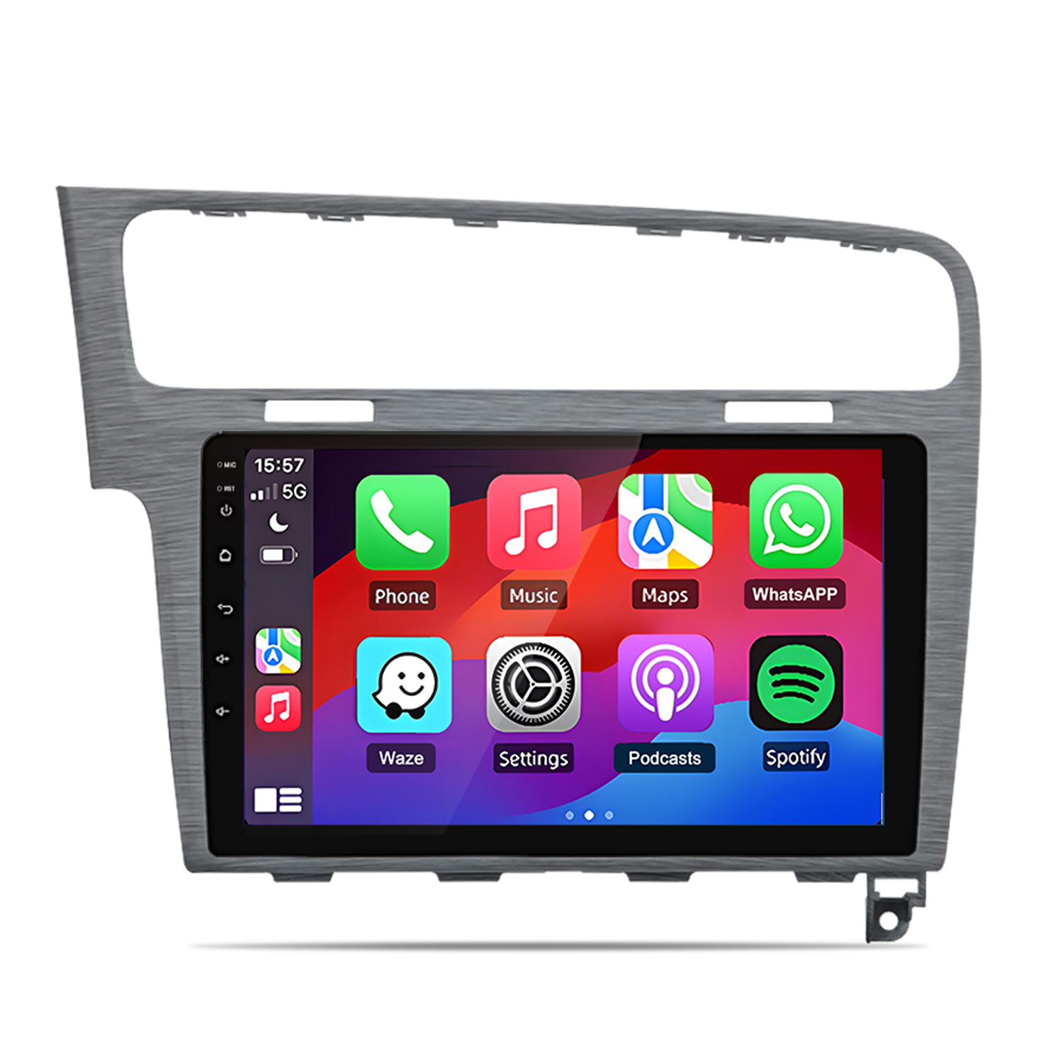 Ein Autoradio-Display zeigt App-Icons wie Telefon, Musik, Karten und WhatsApp.