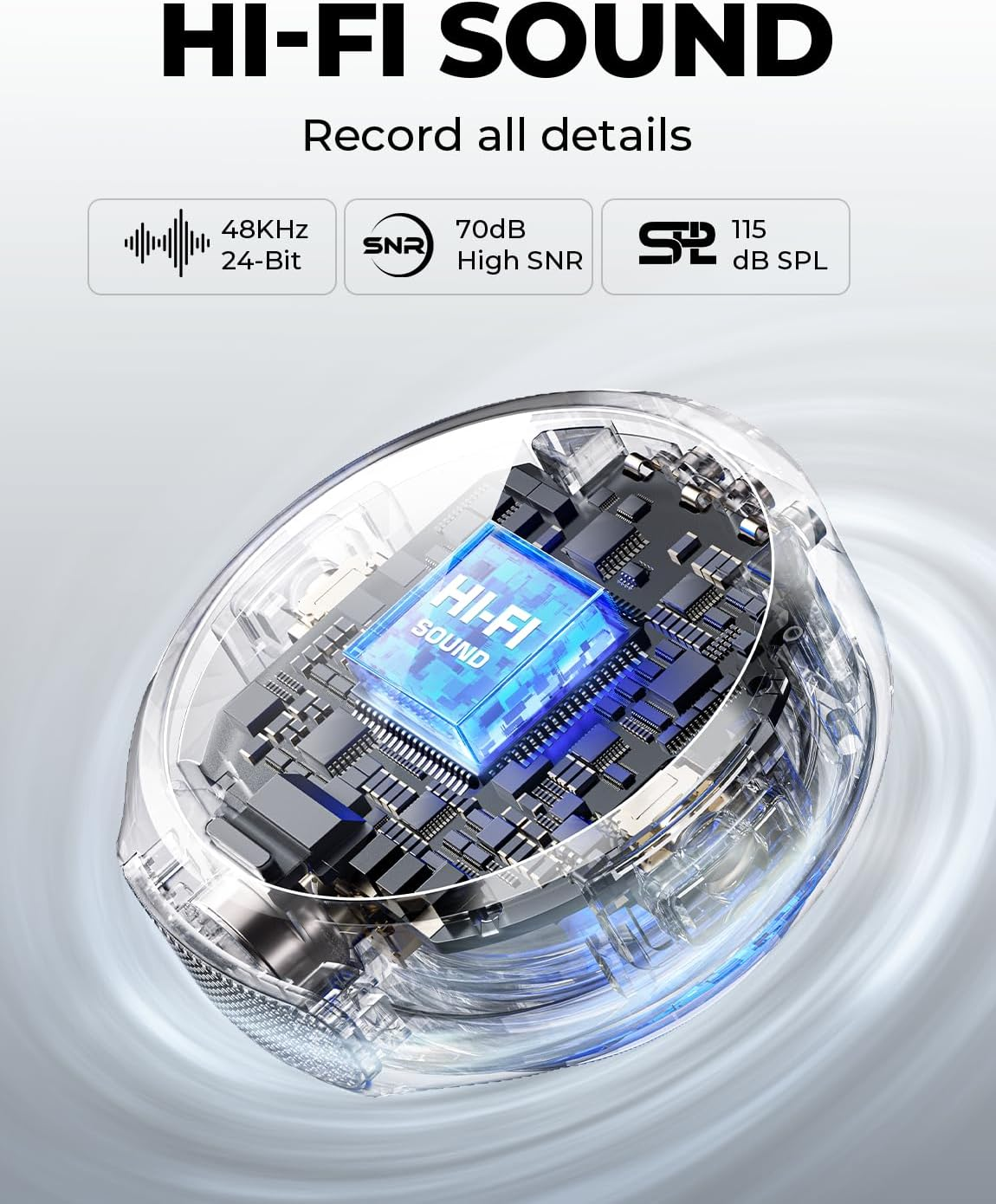Nahaufnahme eines transparenten Ohrhörers mit sichtbarer Platine und "HI-FI SOUND"-Logo.