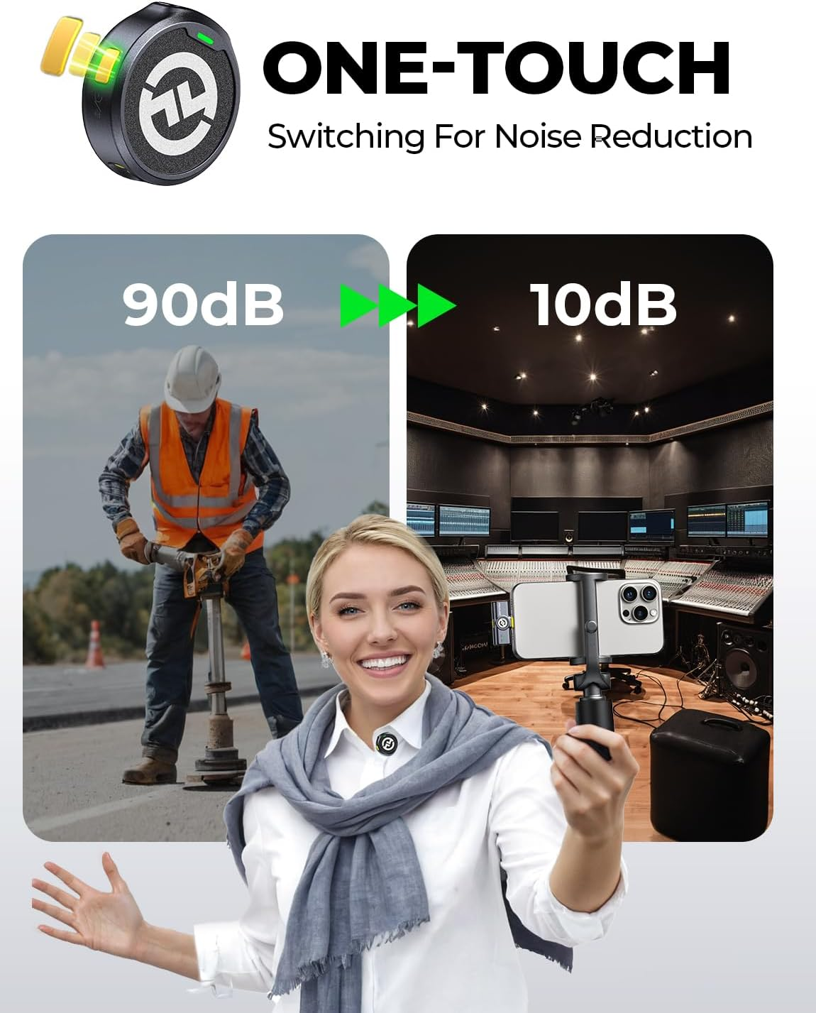 Bauarbeiter bei 90dB und Tonstudio bei 10dB, Frau mit Smartphone.