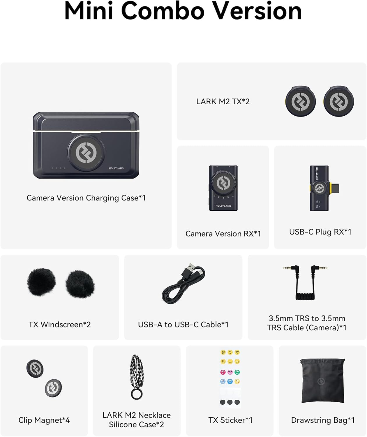 Mini Combo Version: Ladekoffer, 2 Sender, 1 Empfänger, USB-C-Stecker, Windschutz, Kabel, Magnete, Tasche.