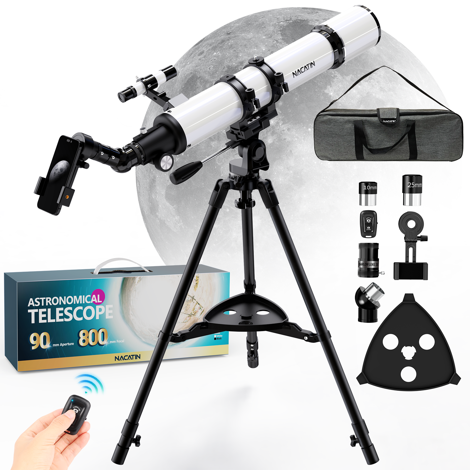 Ein weißes Nacatin-Teleskop mit Stativ, Zubehör und einer Mondkulisse.