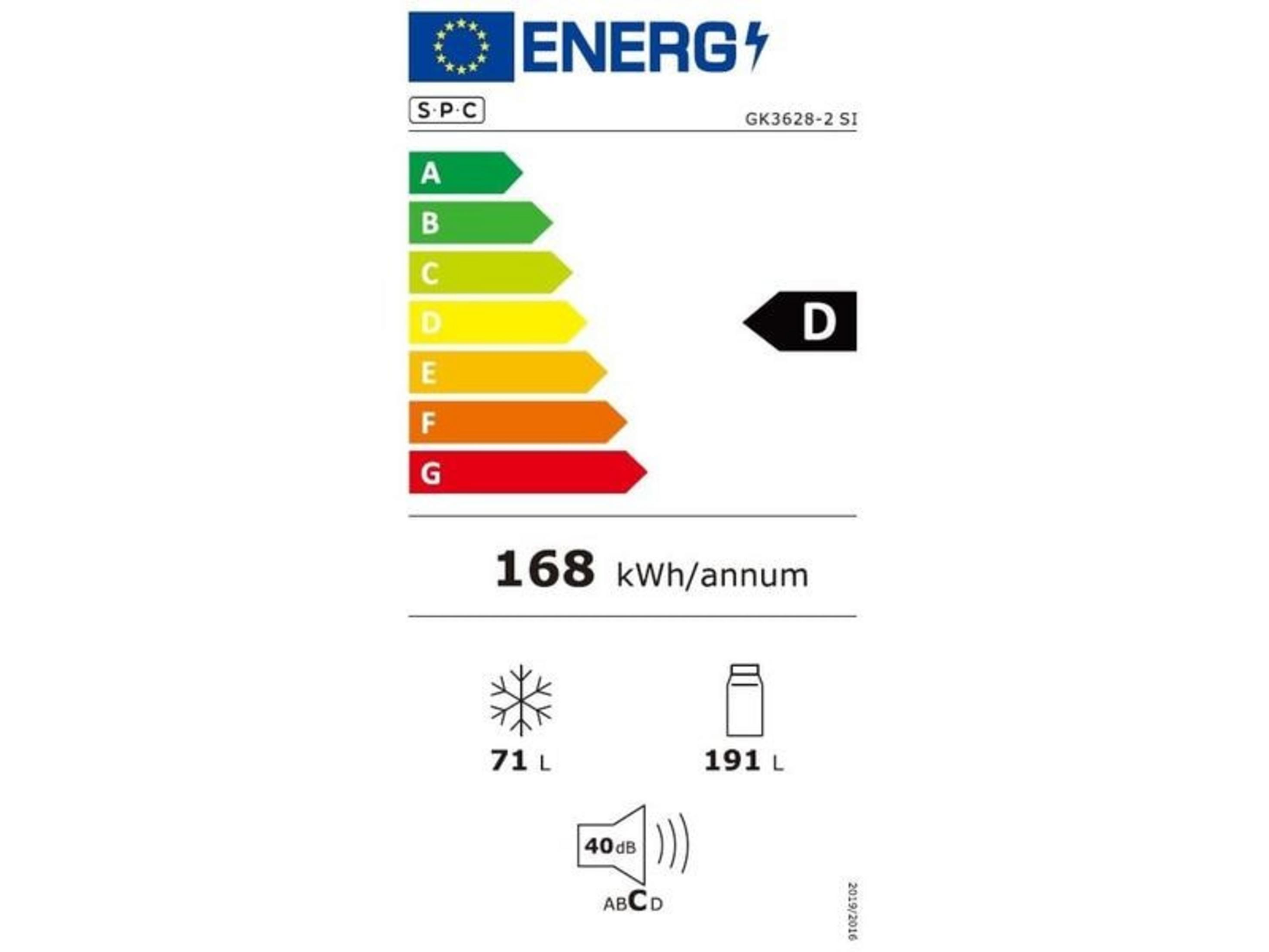 Étiquette énergie classe D, 168 kWh/an, congélateur 71L, réfrigérateur 191L, 40dB.