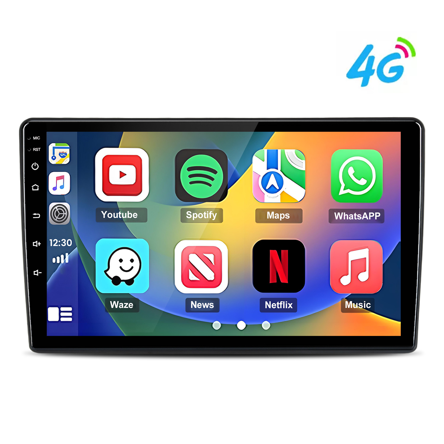 Ein 4G-Autoradio-Display zeigt App-Symbole für YouTube, Spotify, Maps, WhatsApp.