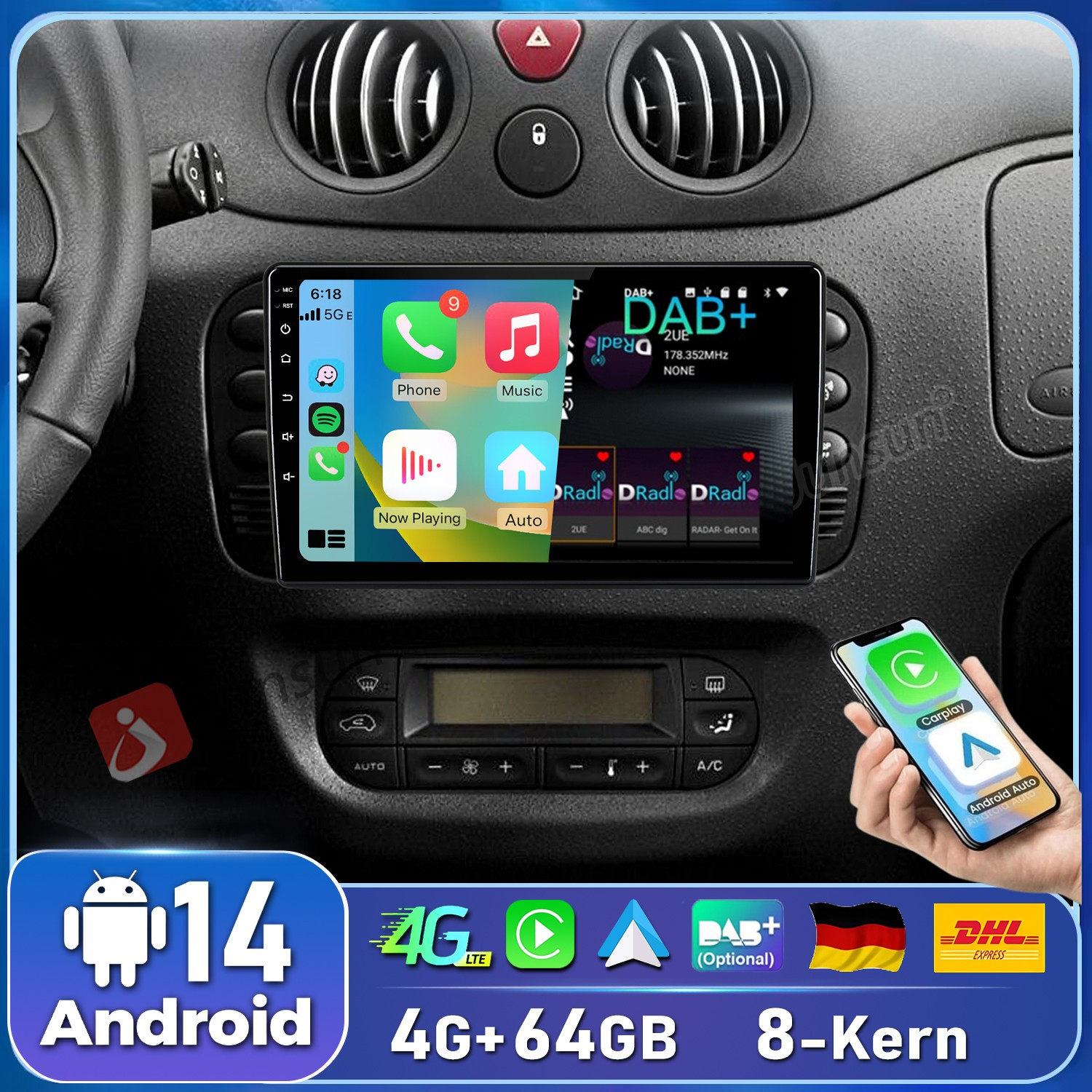 Armaturenbrett mit Autoradio, Smartphone und Infografiken zu Android 14.