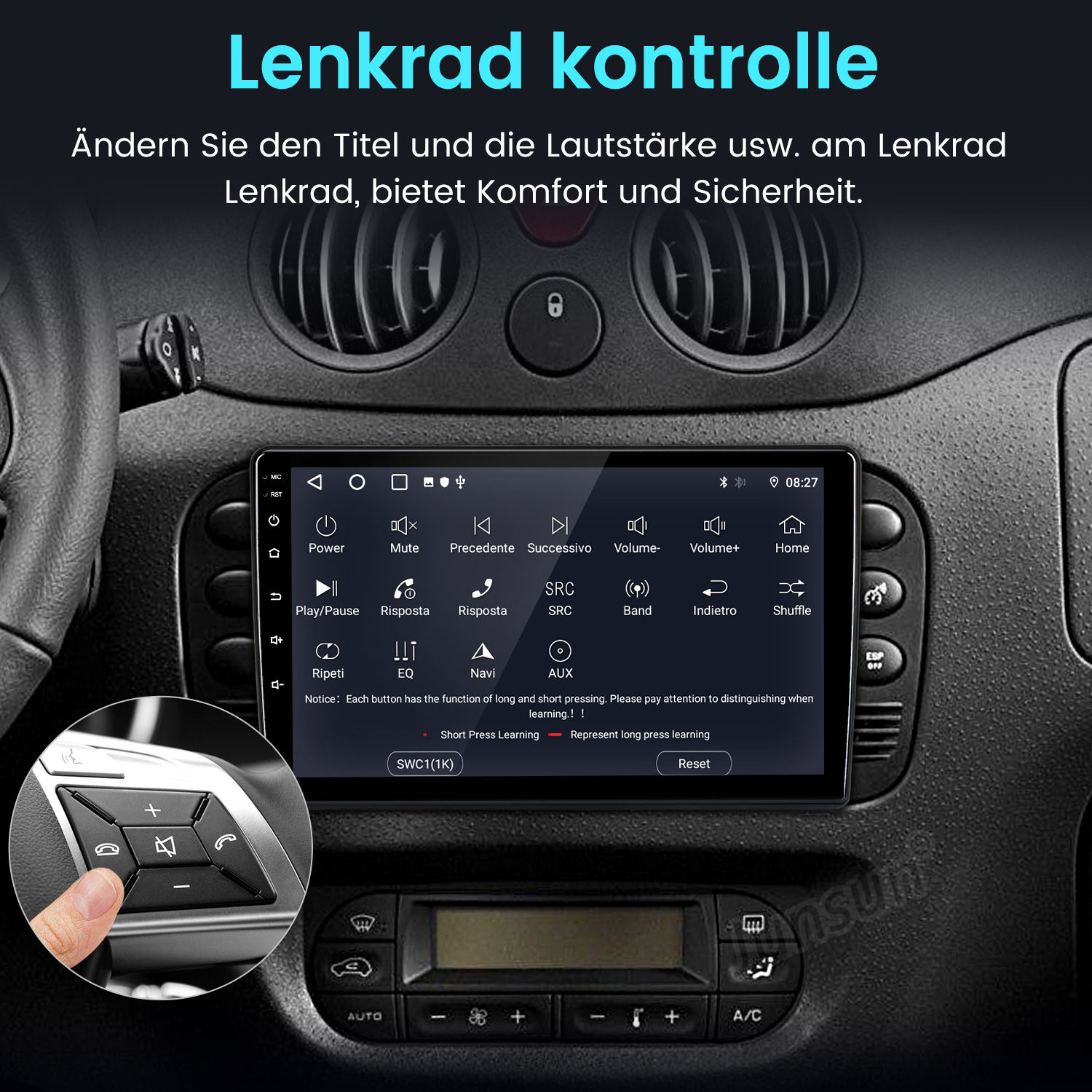 Ein Finger drückt auf Lenkradtasten eines Autos, das auf einen Touchscreen zeigt.