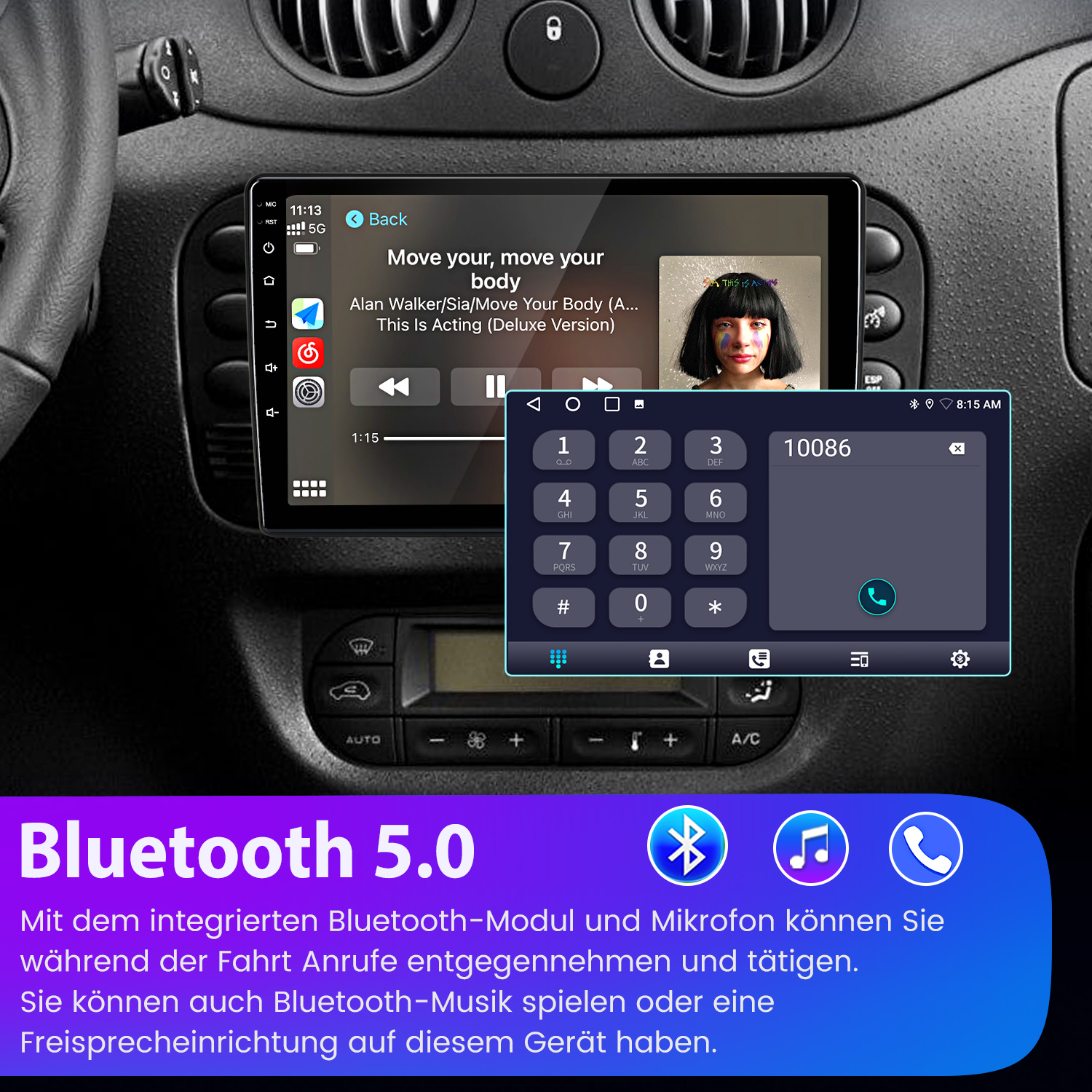 Ein Auto-Touchscreen zeigt Musik und ein Ziffernfeld. Bluetooth 5.0 hervorgehoben.
