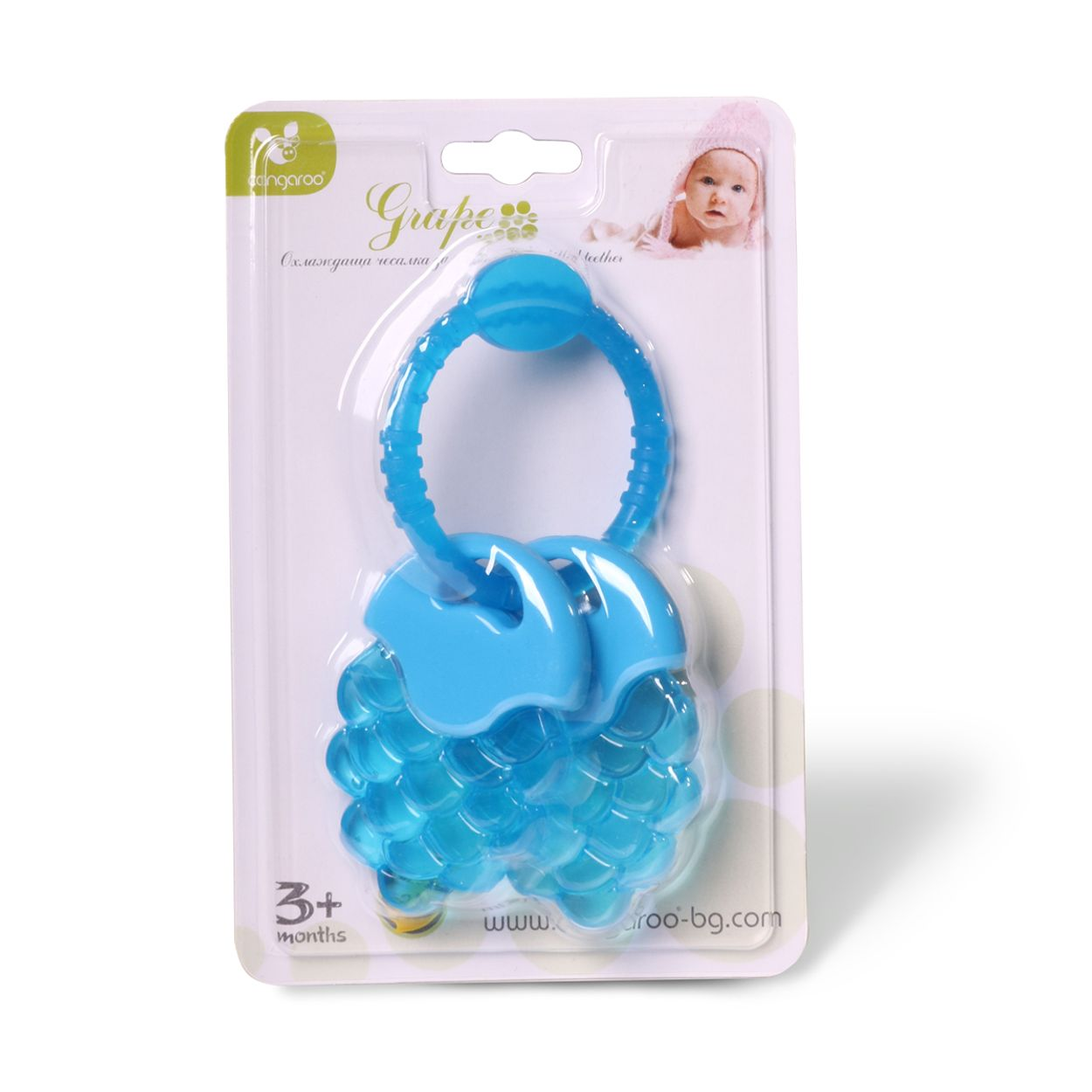 Ein blauer Traubenbeißring für Babys in Verpackung.