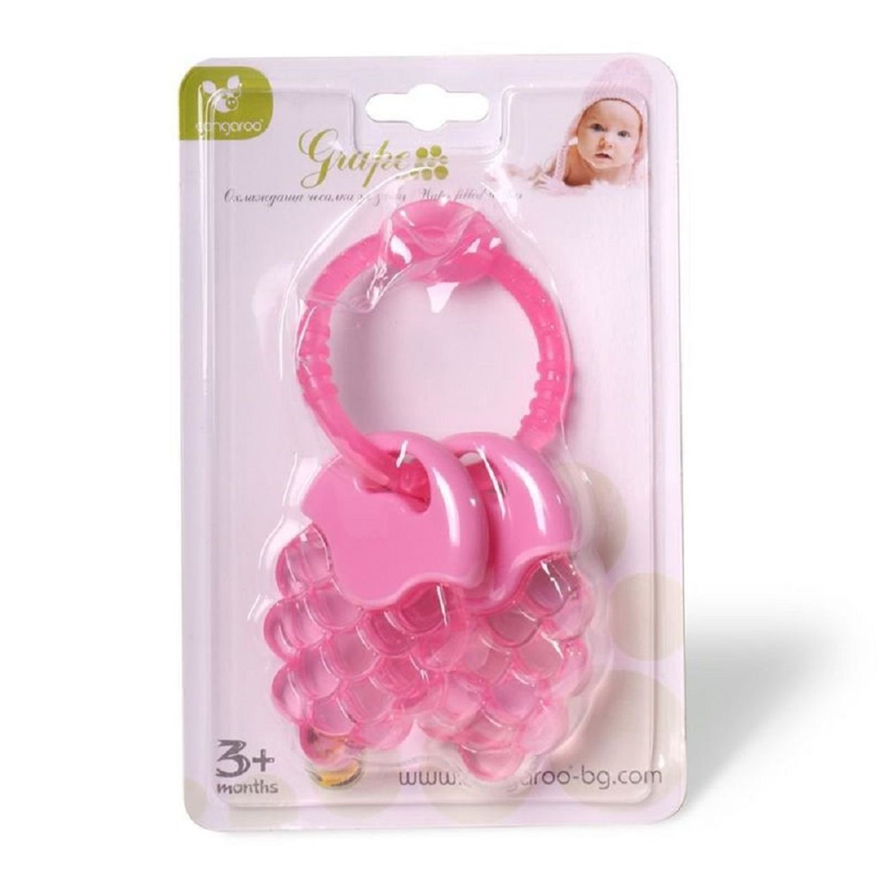 Ein rosa Trauben-Beißring für Babys im Paket mit einem Bild von einem Baby.