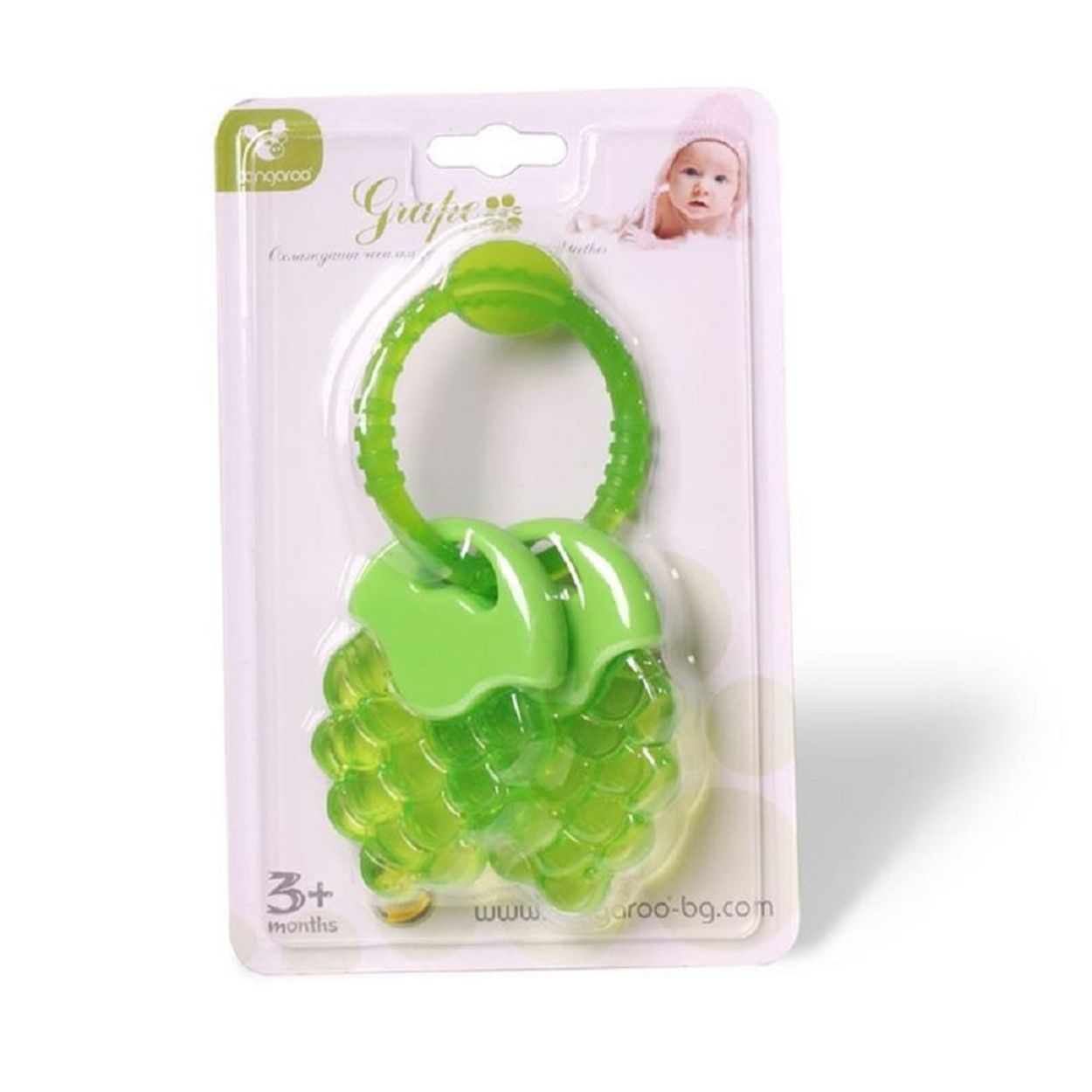 Grüner Traubenbeißring für Babys in durchsichtiger Verpackung mit Babybild.