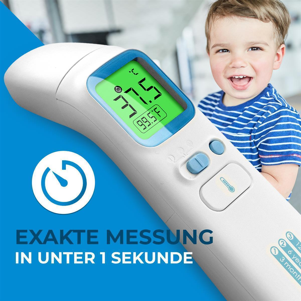 Ein digitales Thermometer zeigt 37,5°C an, daneben ein lächelndes Kind.