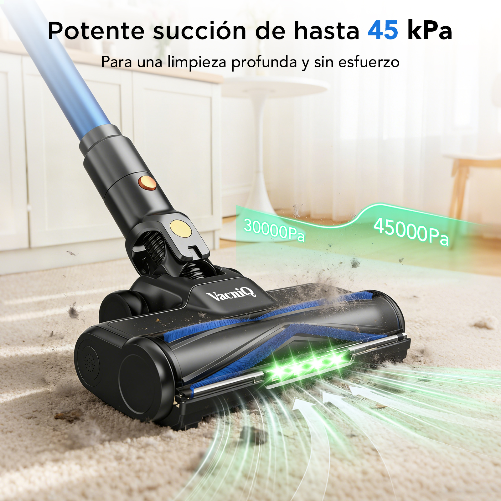 Un cabezal de aspiradora sobre una alfombra succiona polvo, con flechas verdes.