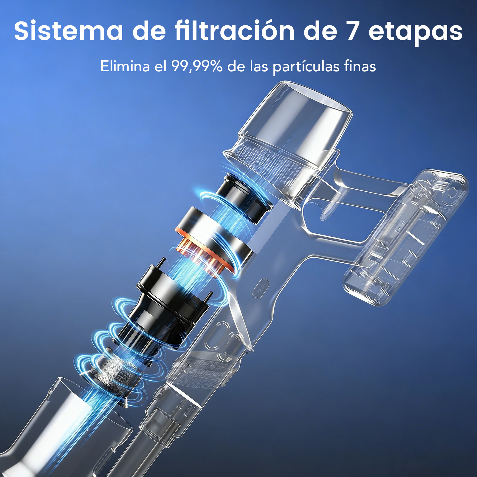 Un tubo de aspiradora transparente muestra un sistema de filtro de 7 etapas con rayos de luz azul.