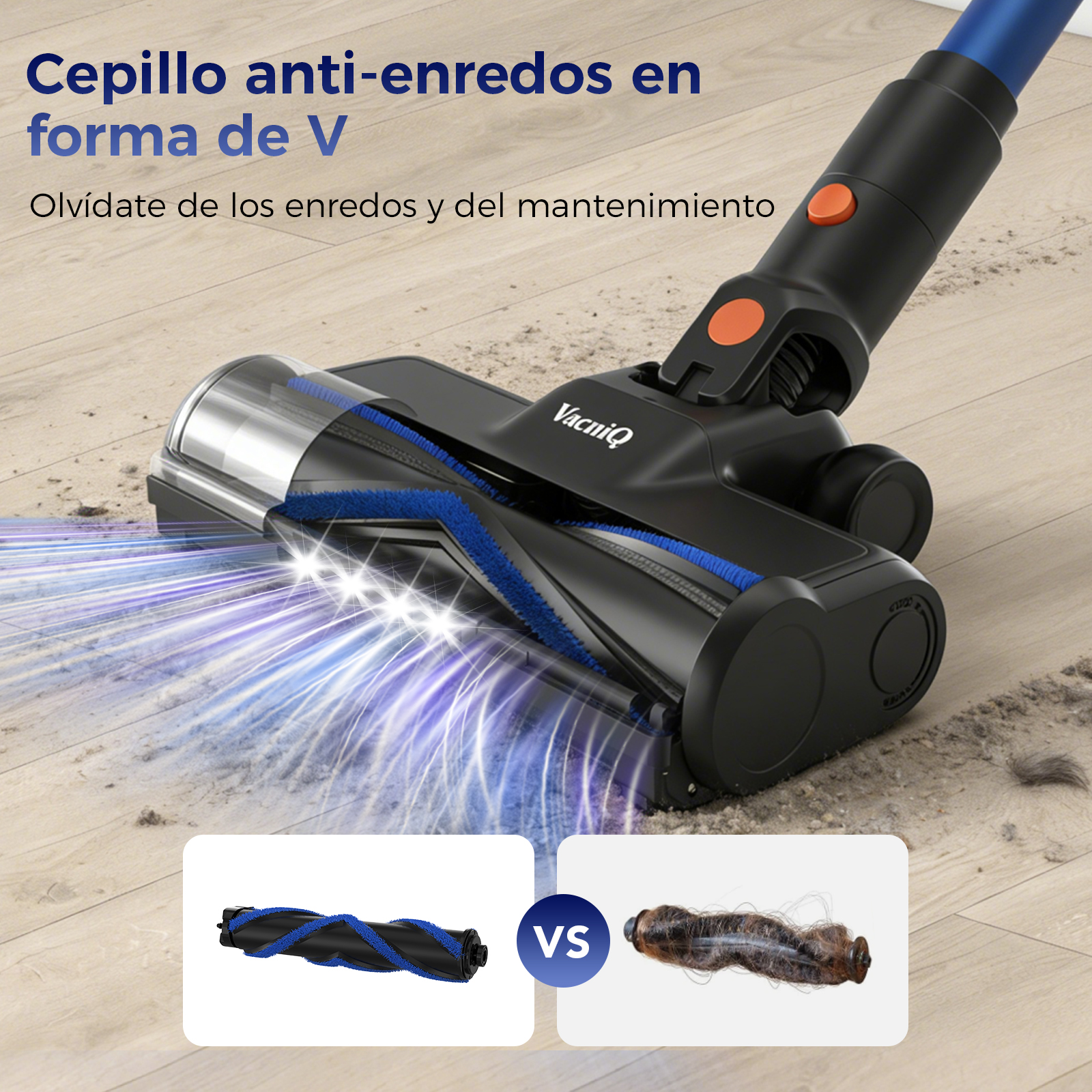 Cabezal de cepillo en forma de V succionando en suelo de madera.