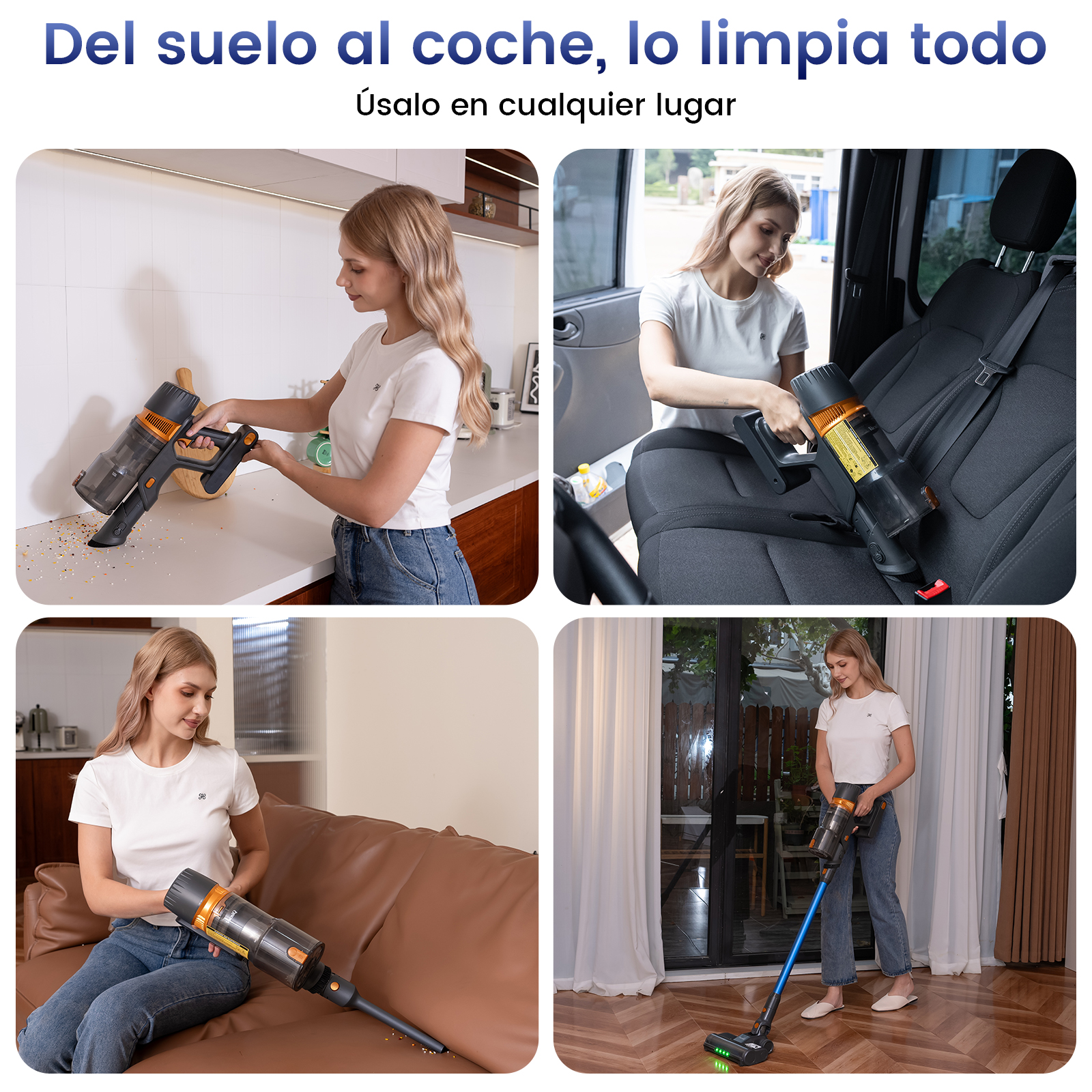 Mujer limpia cocina, coche, sofá y suelo con aspiradora.
