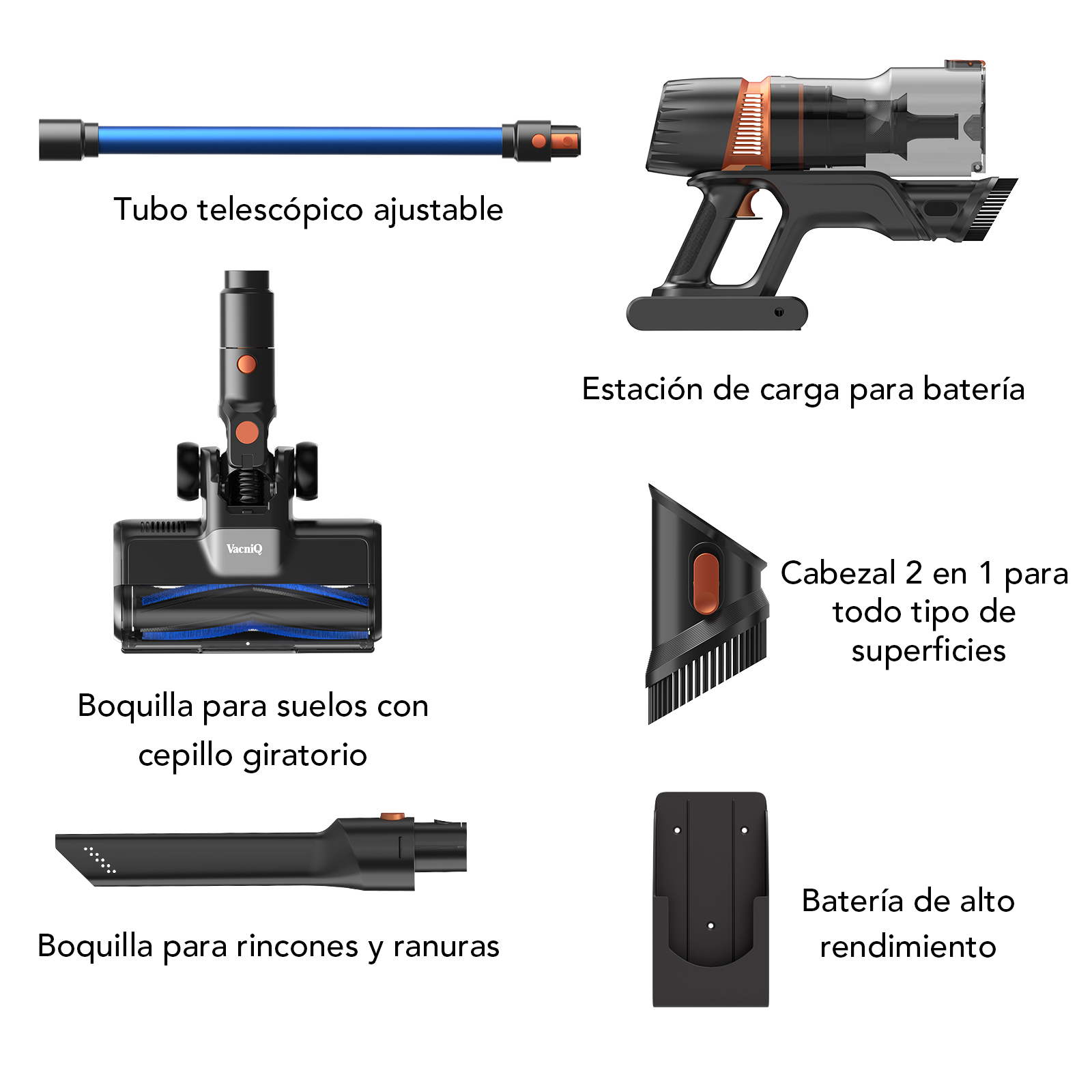 Tubo telescópico ajustable, estación de carga, cepillo de suelo, boquilla para ranuras y rincones.