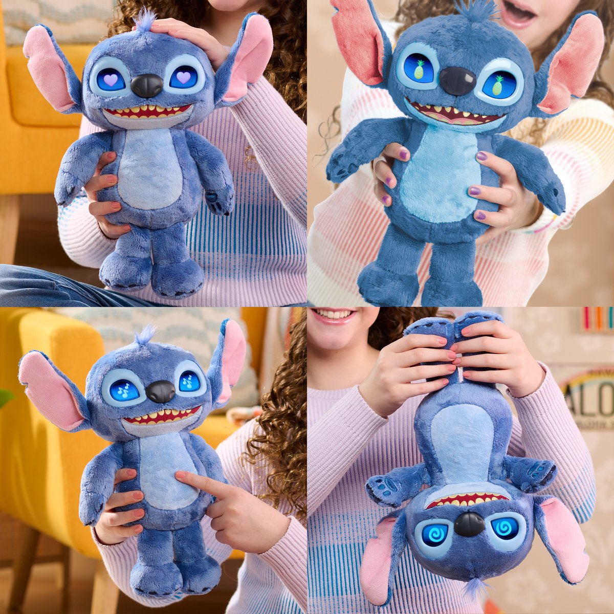 Peluche Stitch in quattro pose, tenuto da una persona.