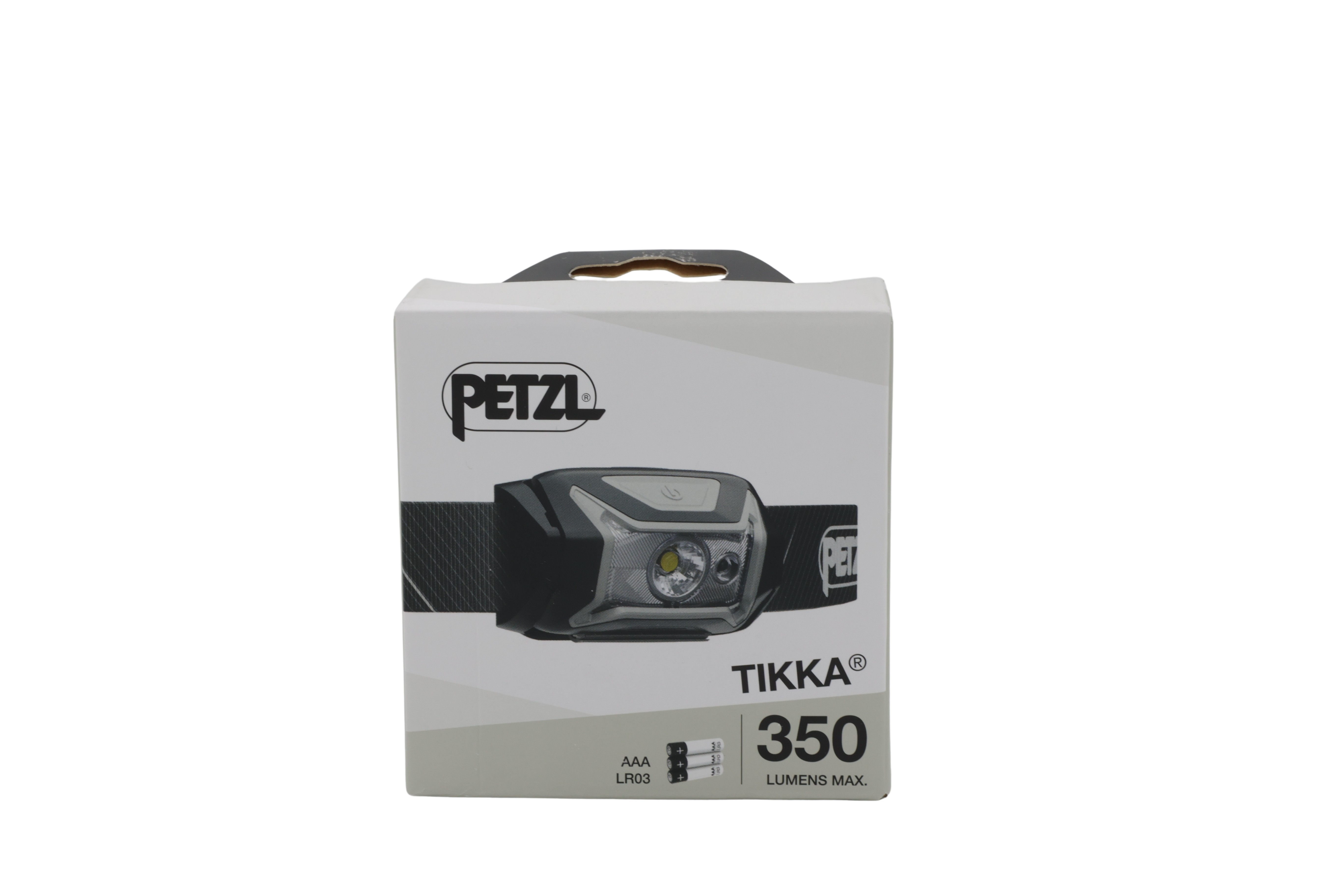 Verpackung einer Petzl Stirnlampe mit Modell TIKKA 350 Lumen.