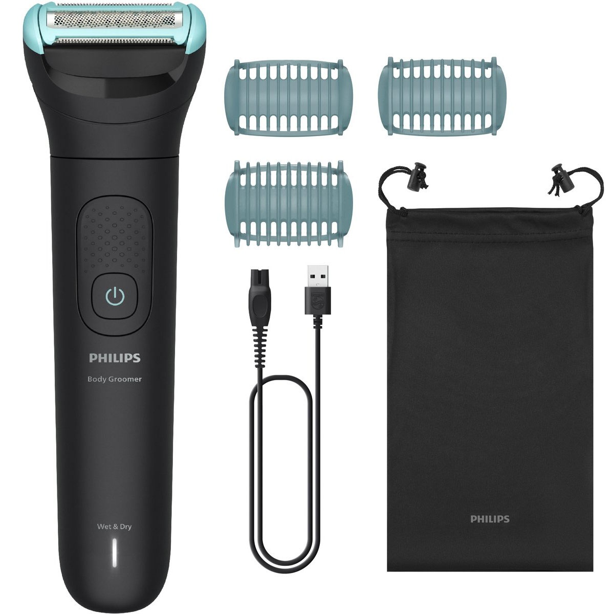 Body Groomer Philips nero con accessori: pettini, cavo USB, sacca.