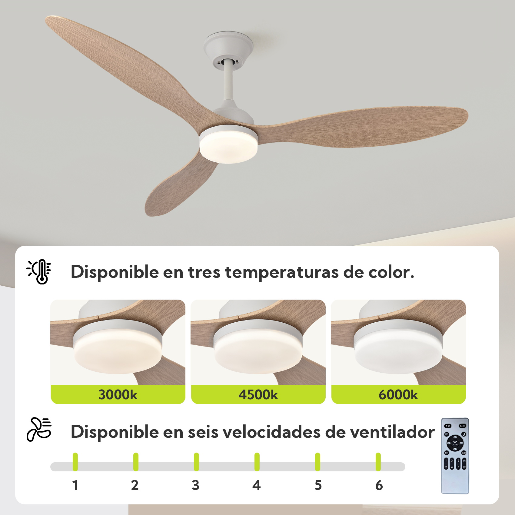 Ventilador de techo con aspas de madera y luz LED en tres tonos.
