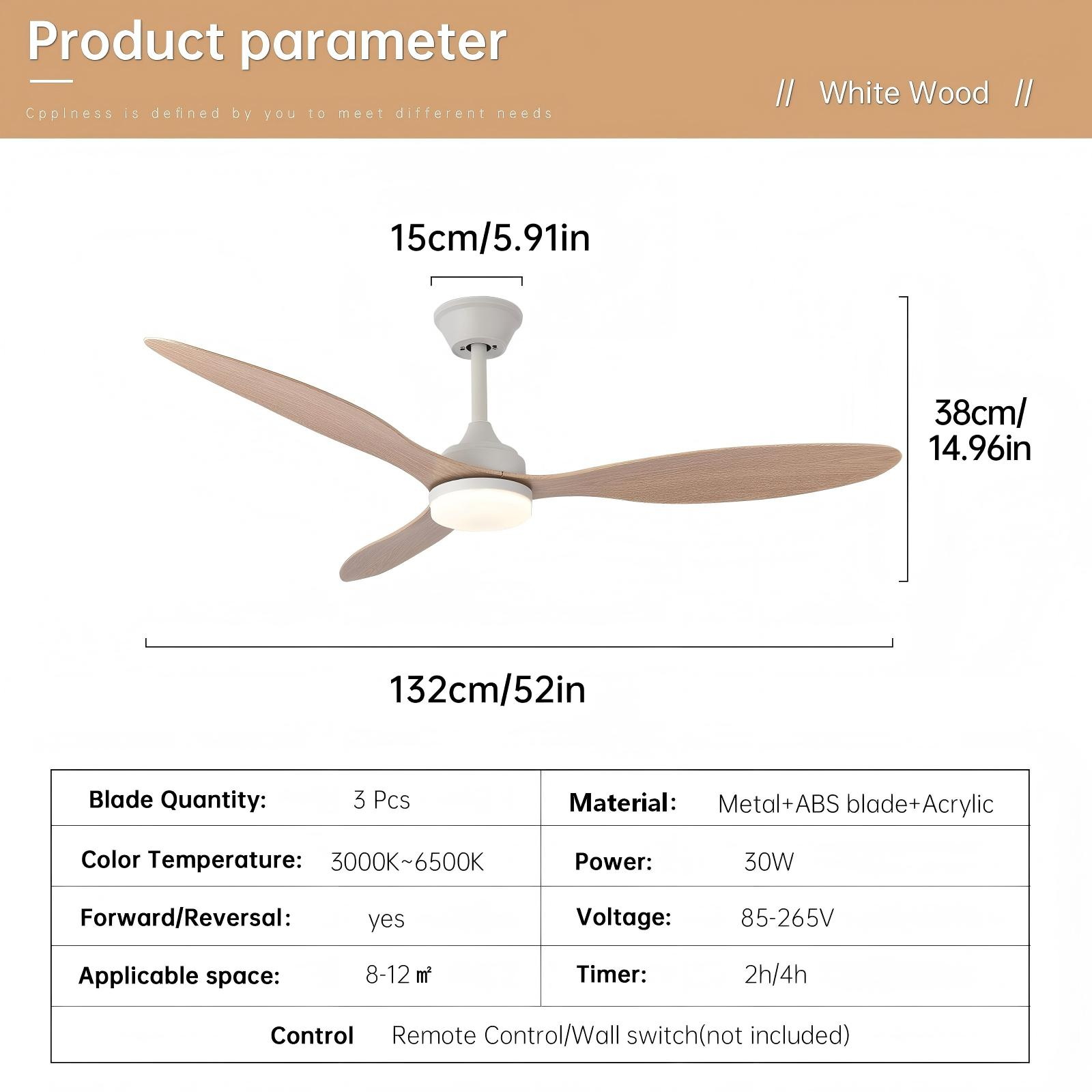 Un ventilador de techo blanco con aspas de madera y luz LED, 132cm de diámetro.