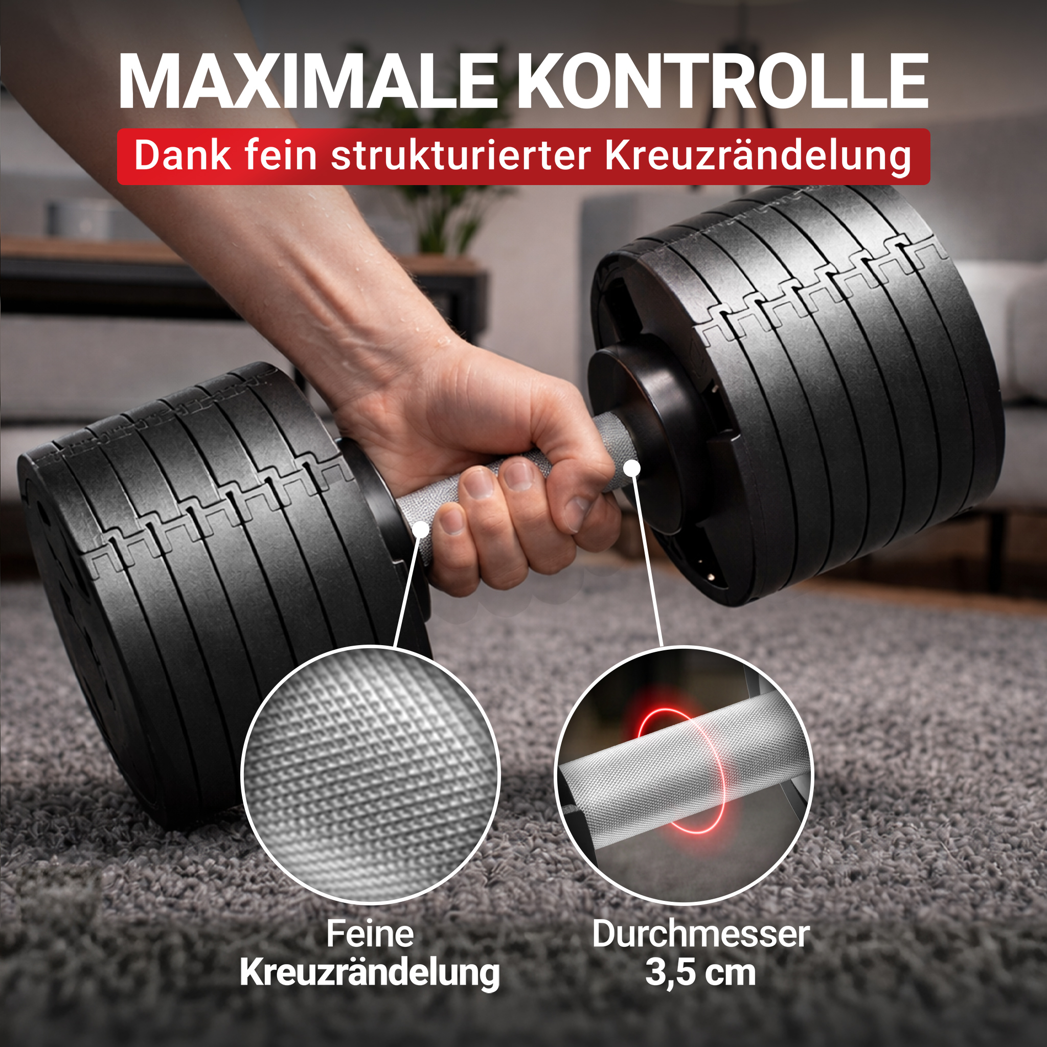 Hand hält Hantelstange mit fein strukturierter Oberfläche, 3,5 cm Durchmesser.