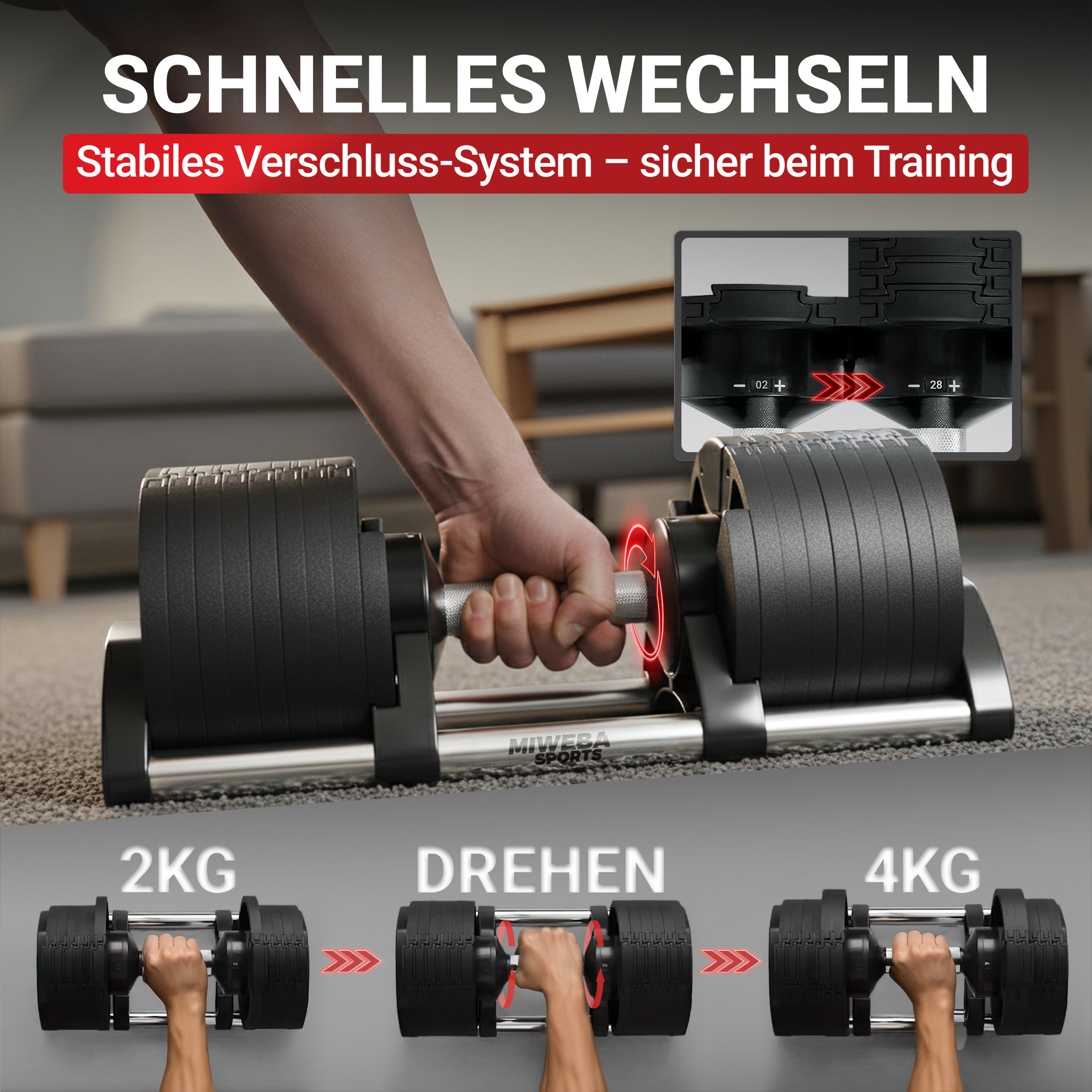 Verstellbare Hantel: Mann hält Hantel. Gewichte verstellbar von 2kg bis 4kg.