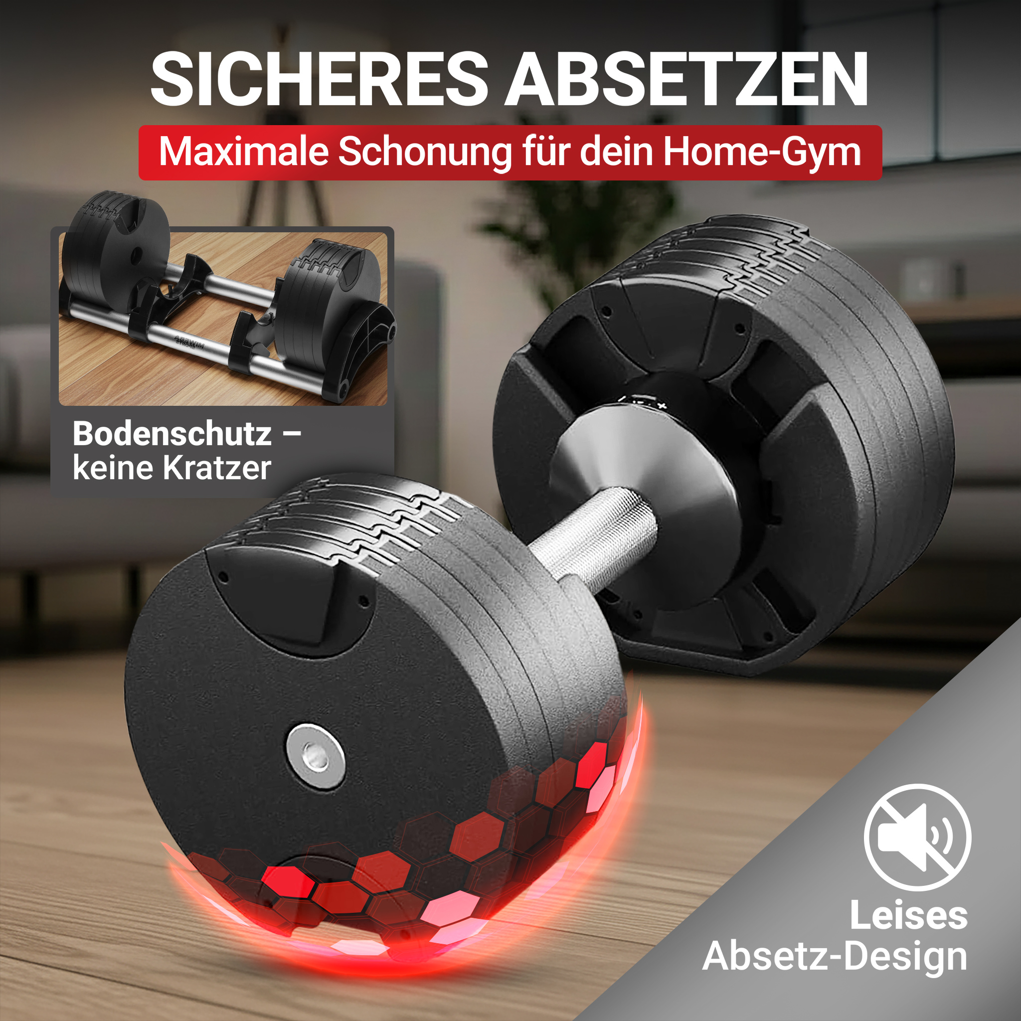 Schwarze Hantel mit verstellbaren Gewichten auf Holzfußboden, mit Hinweisen.