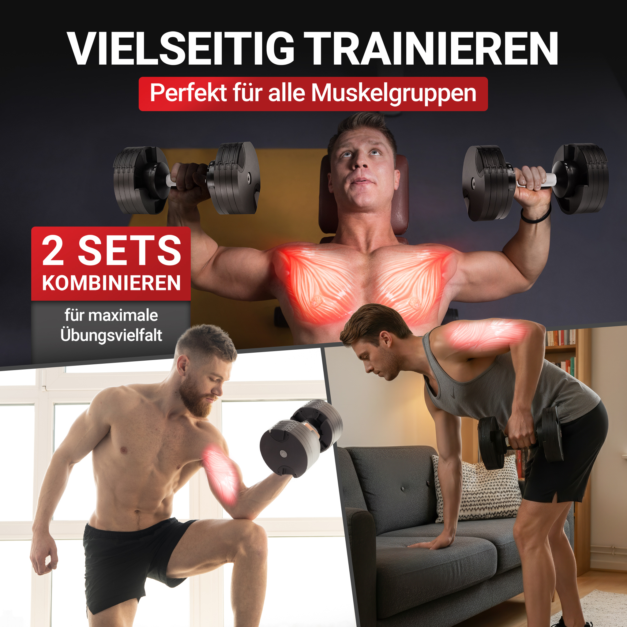 Männer trainieren mit Hanteln, Brust, Bizeps und Rücken werden gezeigt.