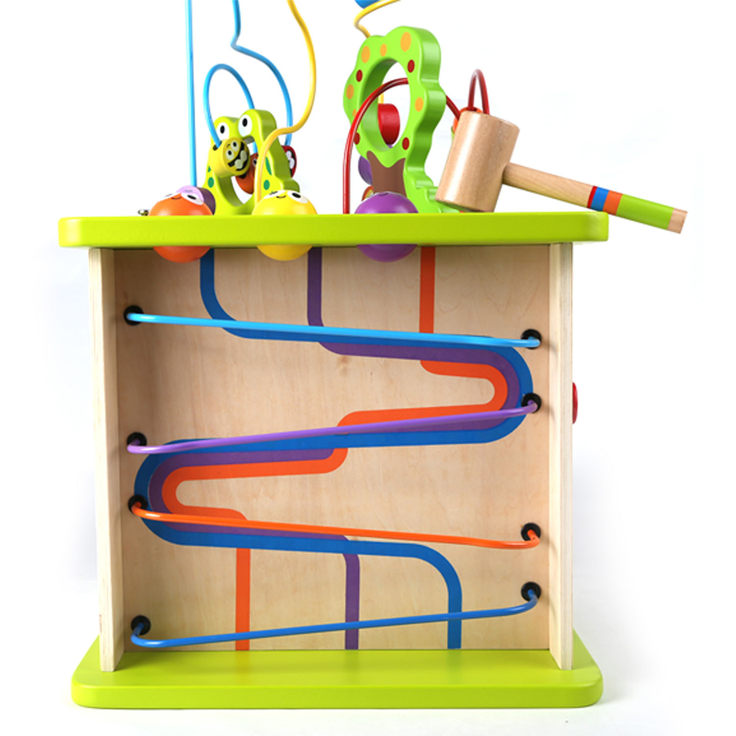 Ein hölzernes Spielzeug mit bunten Kugeln, einer Froschfigur und einem Hammer.