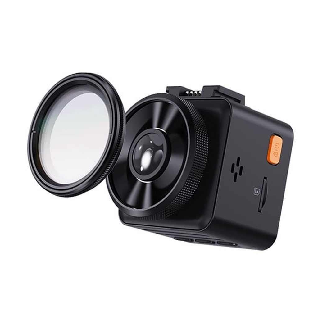 Eine schwarze Dashcam mit einem separaten Objektivfilter daneben.