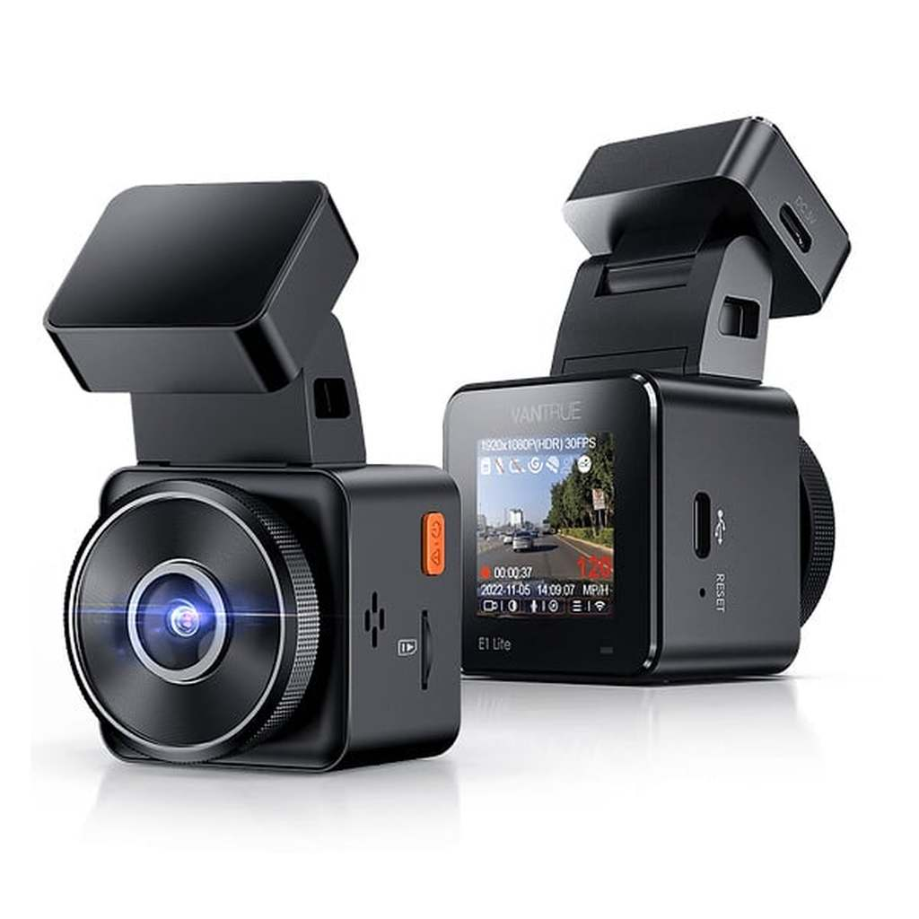 Zwei schwarze Dashcams sind abgebildet, eine vor der anderen. Die vordere Cam zeigt ihre Linse.