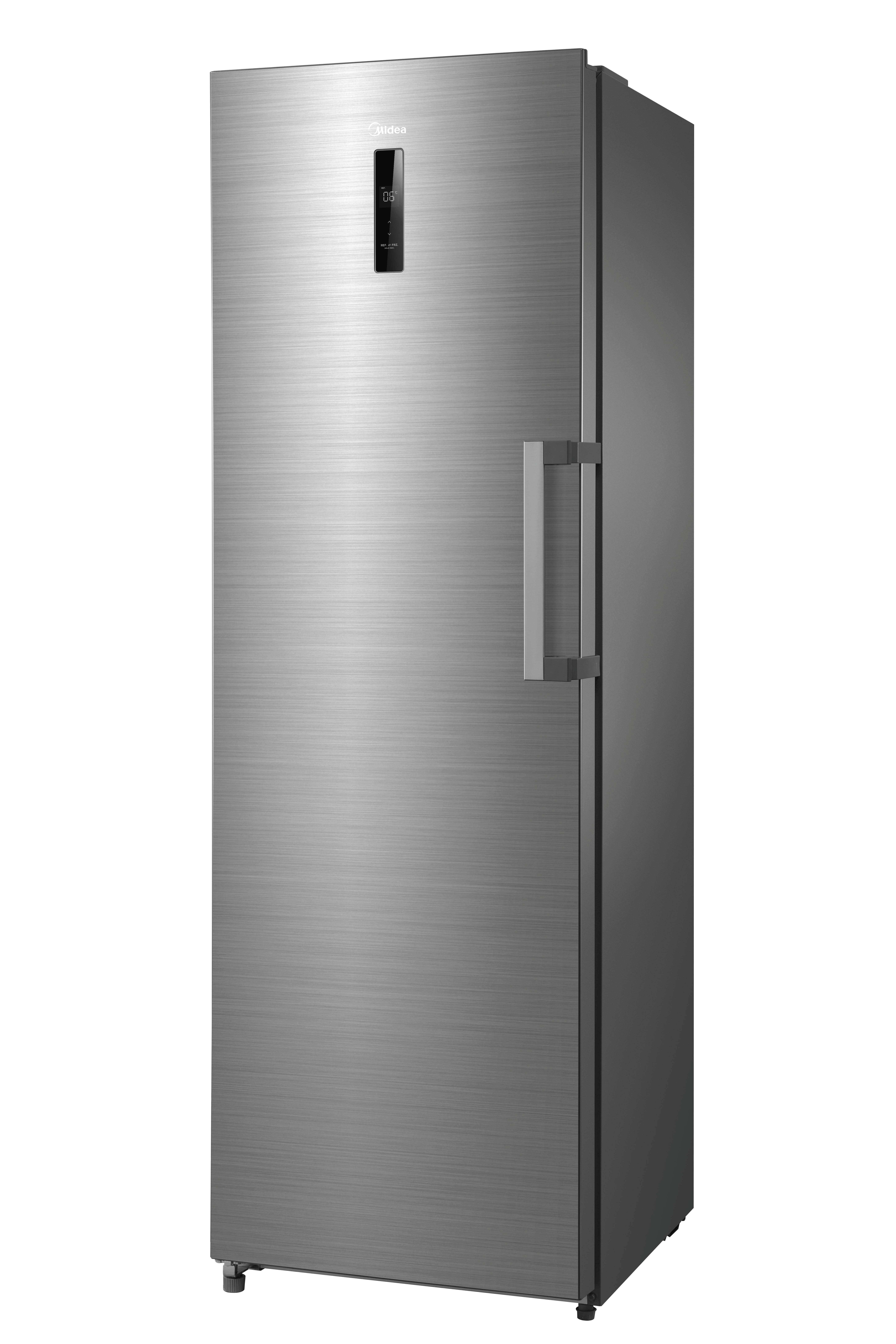 Ein silberner Kühlschrank mit digitaler Anzeige und Griff.