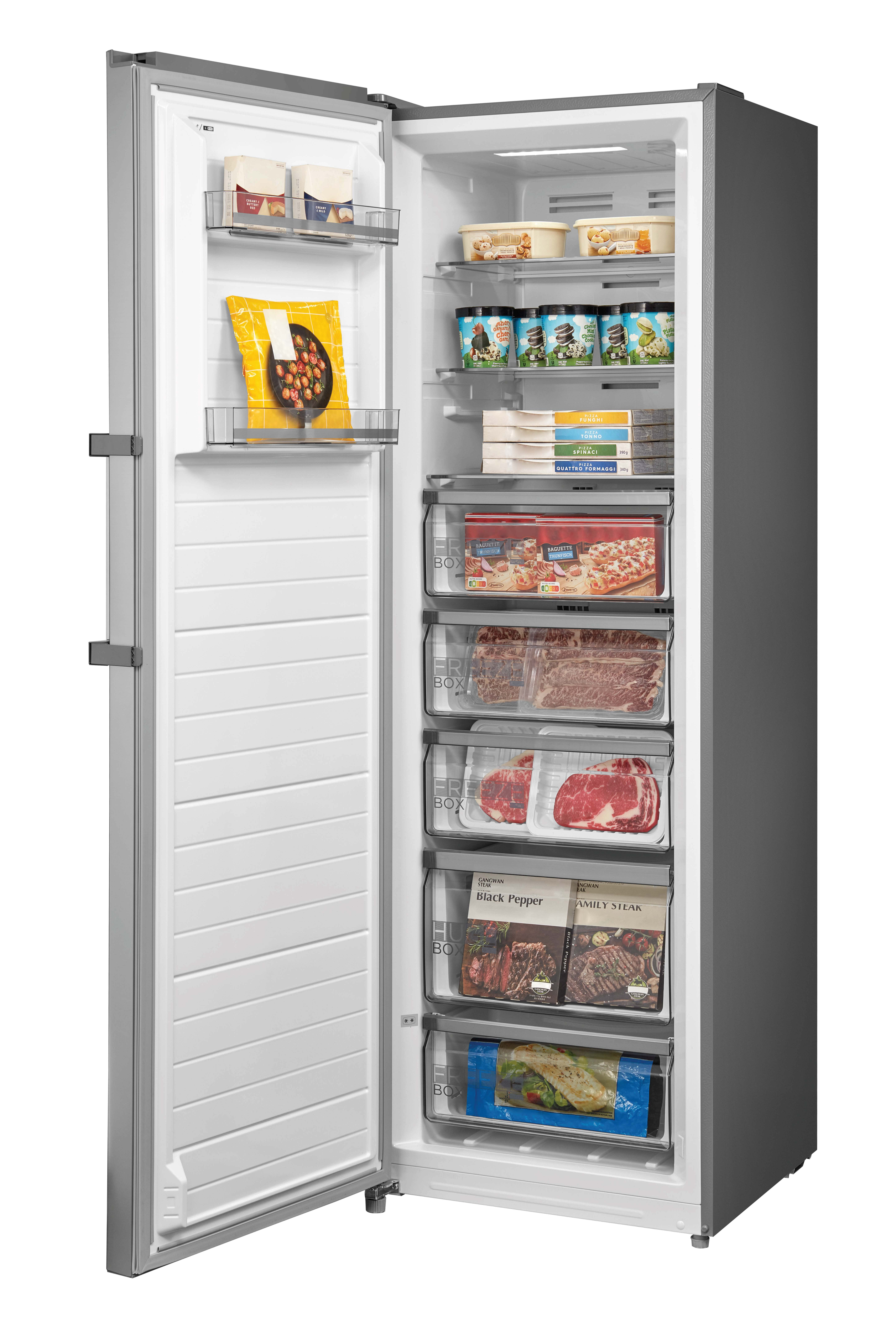 Ein offener Kühlschrank mit Lebensmitteln wie Eis, Pizzen, Fleisch und Fisch.